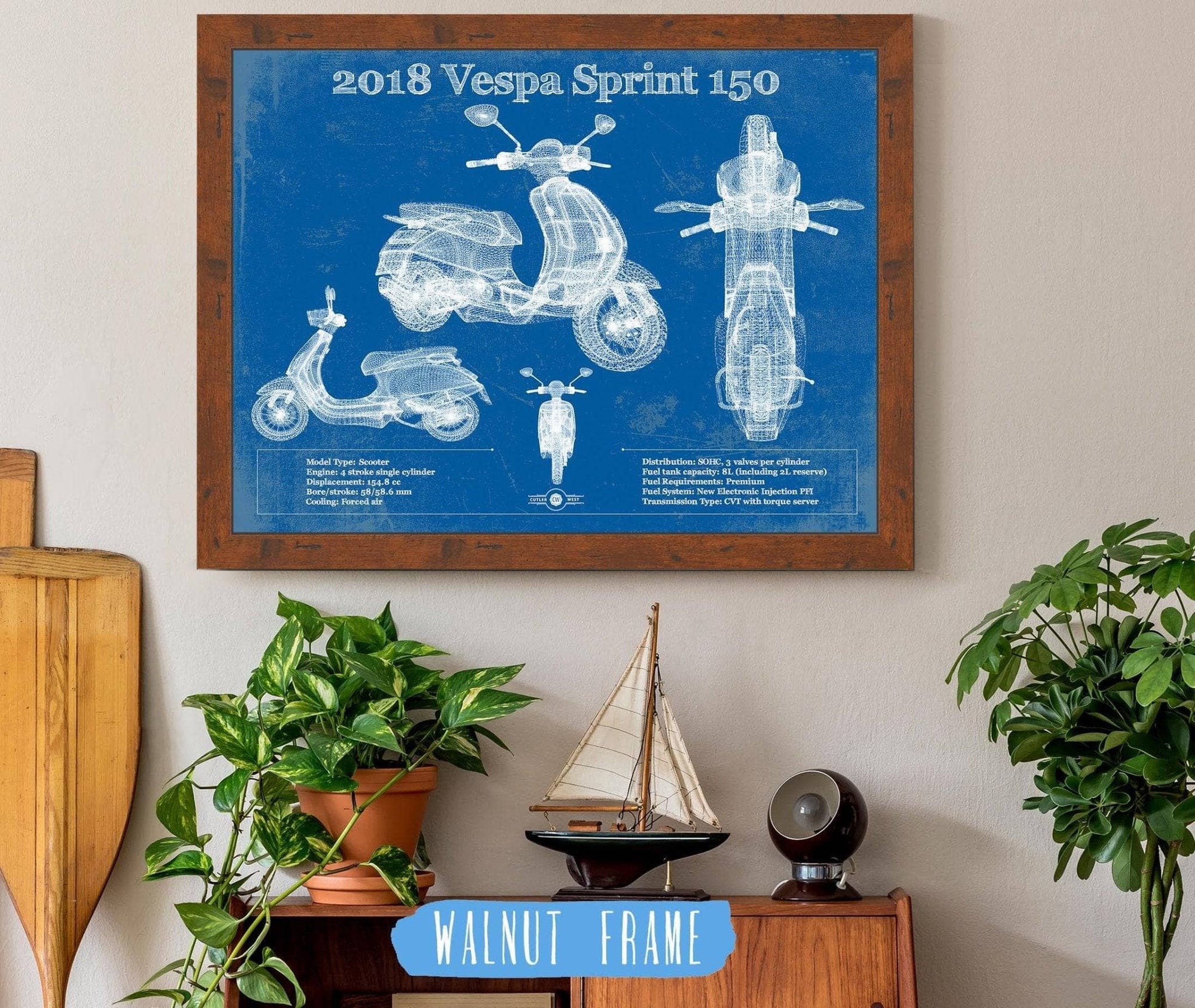 Cutler West Vehicle Collection 14" x 11" / Walnut Frame Vintage 2018 - 2020 Vespa Primavera 150 Patent Print 933350111_37718
