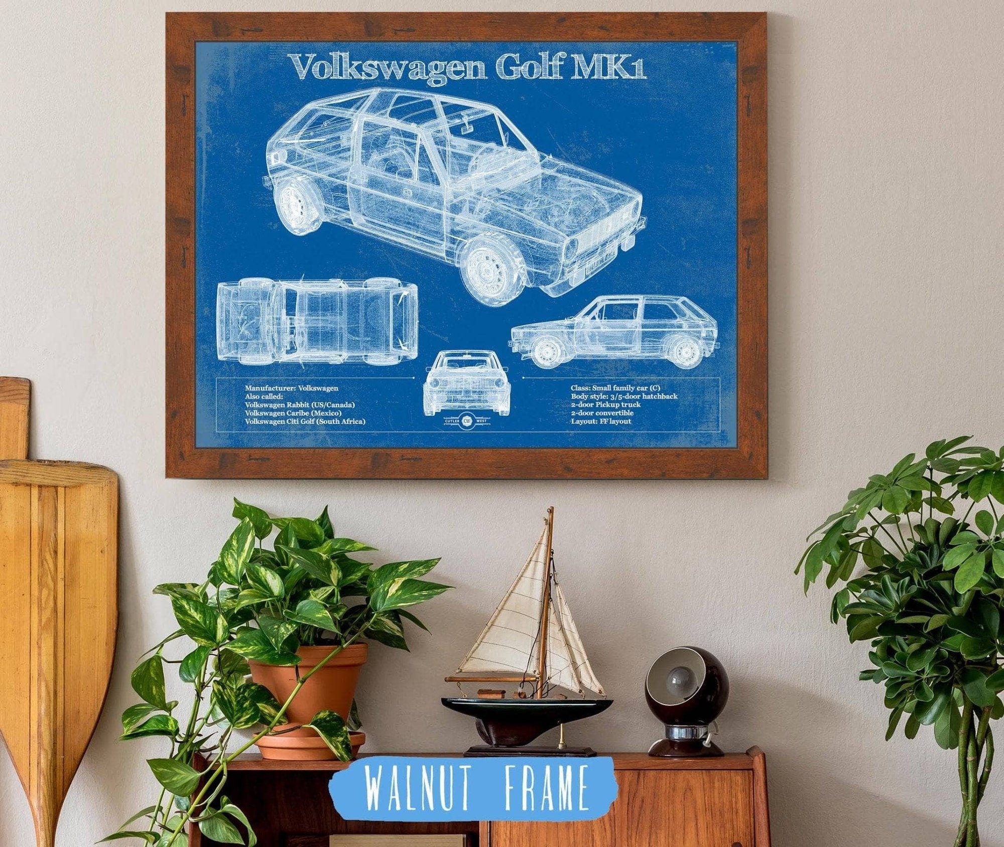 Cutler West Vehicle Collection Volkswagen Golf MK1 Vintage Blueprint Auto Print