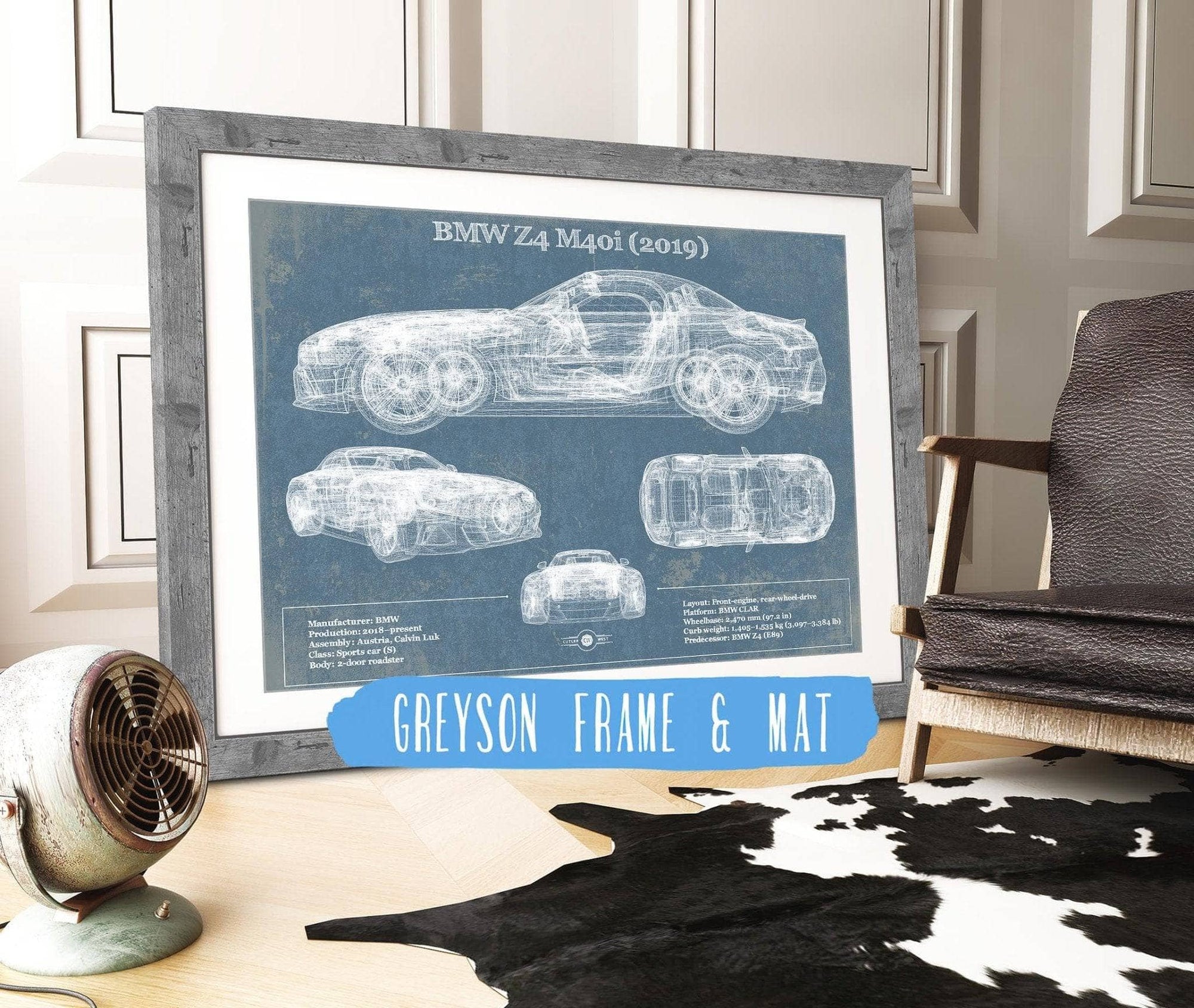 Cutler West Vehicle Collection 14" x 11" / Greyson Frame & Mat BMW Z4 M40i (2019) Vintage Blueprint Auto Print 833110075_48877