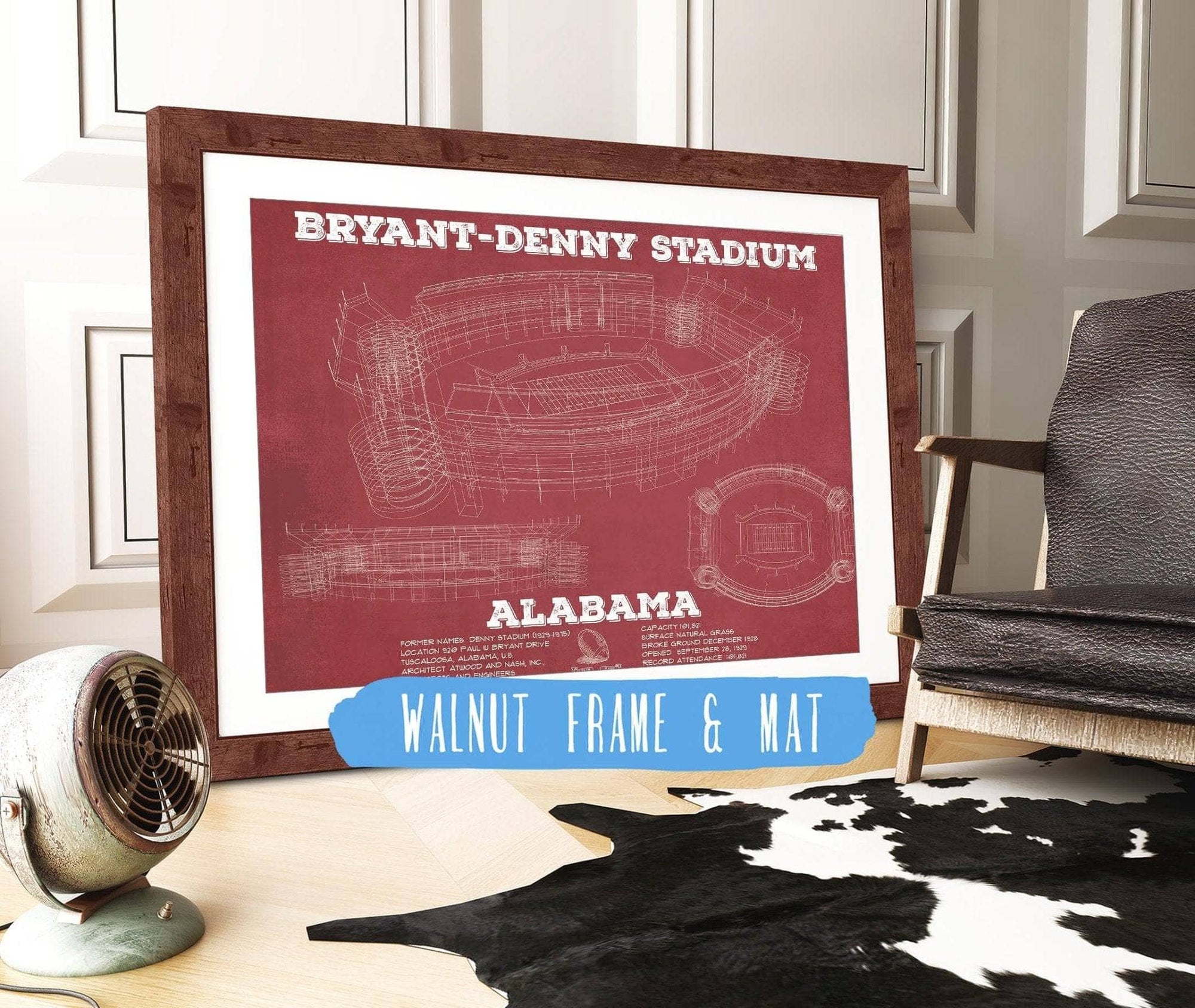 Cutler West College Football Collection 14" x 11" / Walnut Frame & Mat Alabama Crimson Tide Stadium Art - Bryant-Denny Stadium Vintage Seating Chart 635629844-TOP
