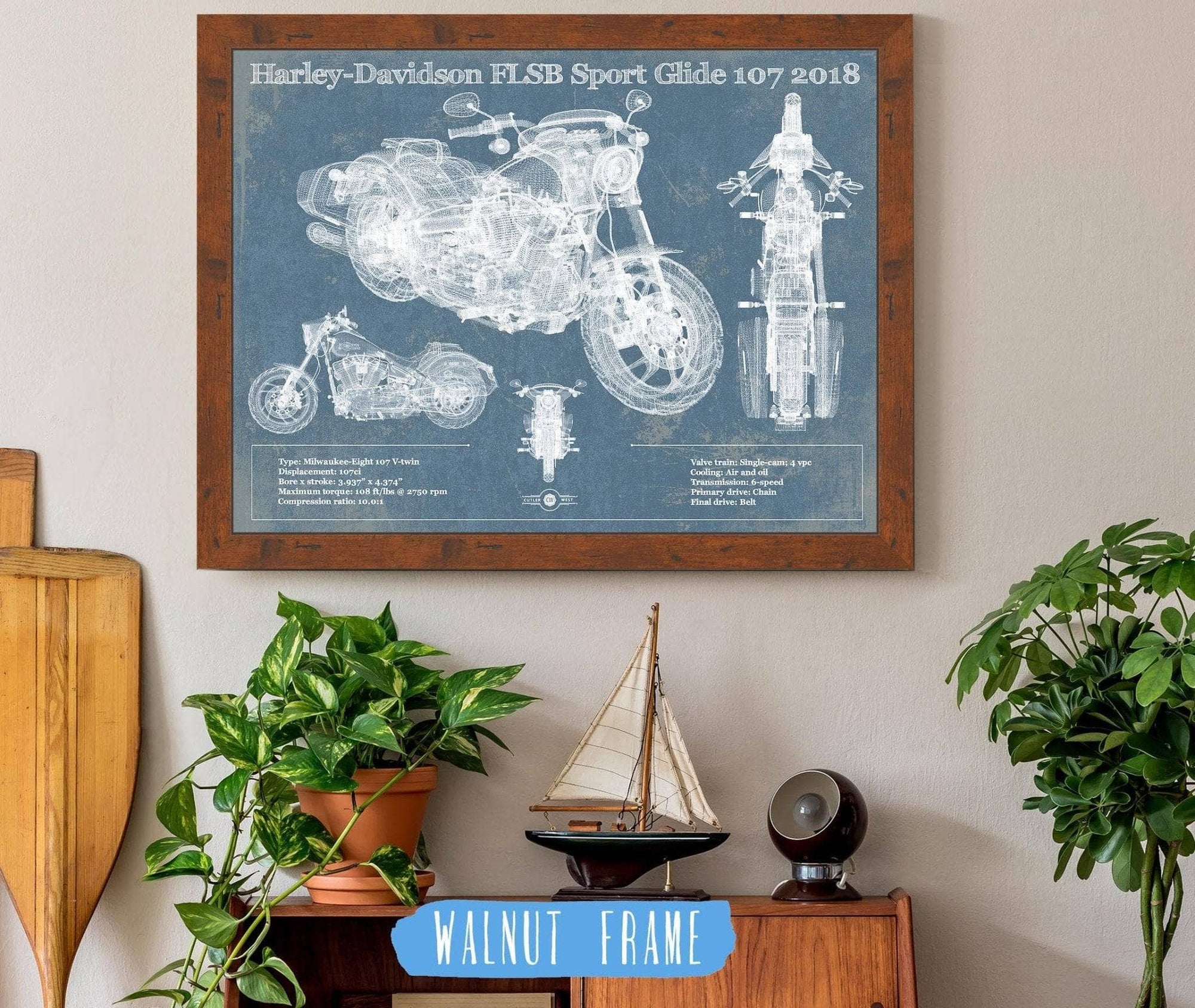 Cutler West 14" x 11" / Walnut Frame Harley-Davidson FLSB Sport Glide 107 2018 Blueprint Motorcycle Patent Print 933452368_16823
