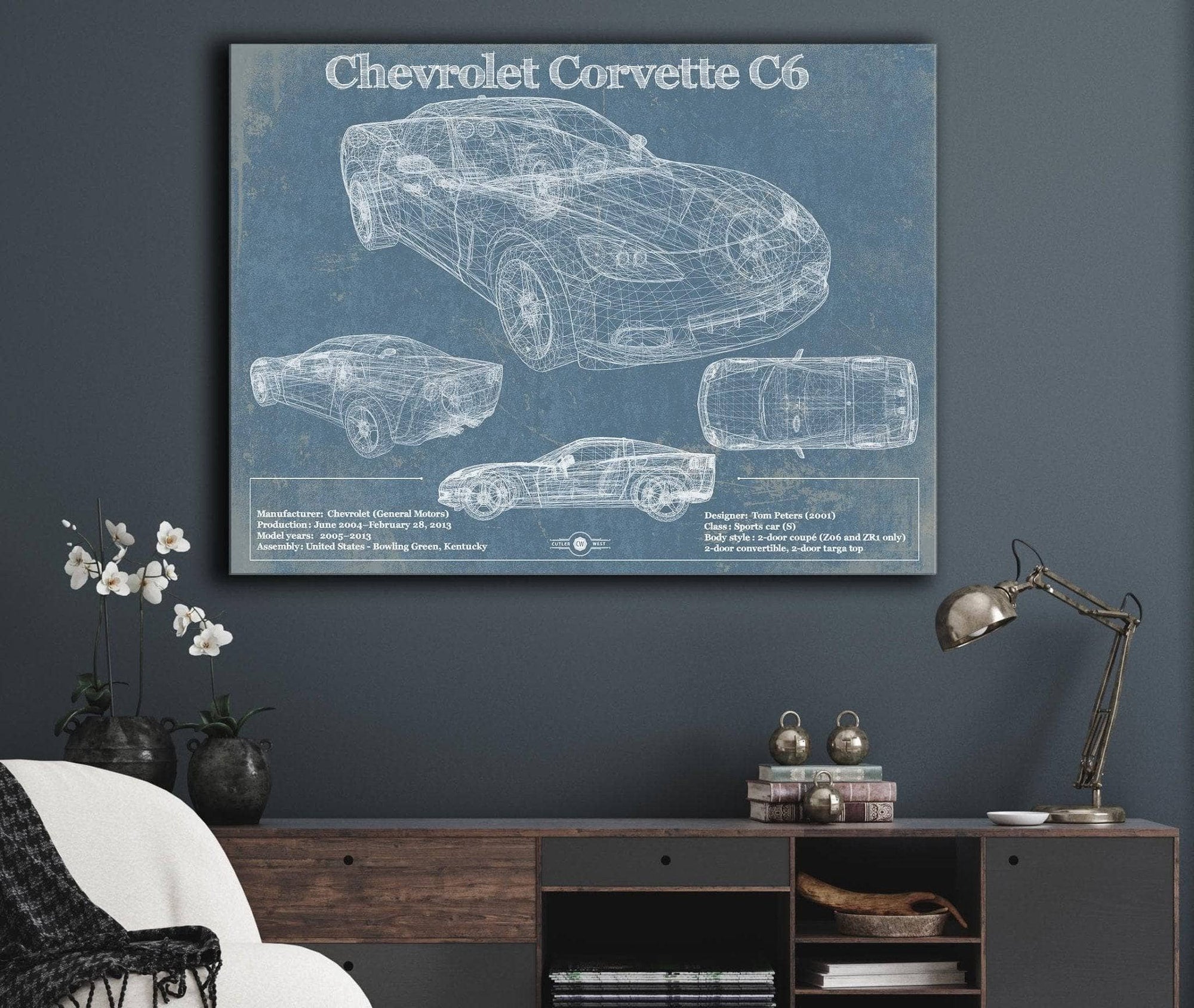 Cutler West Chevrolet Collection Chevy Corvette C6 Vintage Blueprint Auto Print