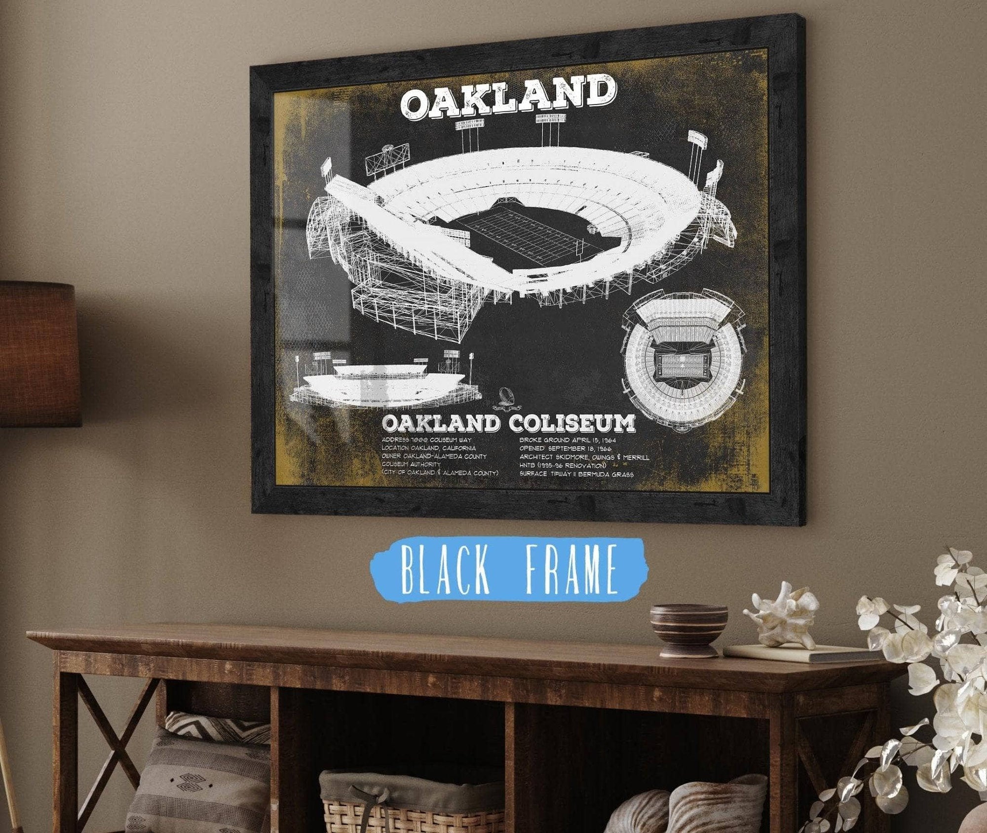 Cutler West Pro Football Collection 14" x 11" / Black Frame Oakland Raiders Team Colors Oakland Coliseum NFL Vintage Football Print 933350154_70428