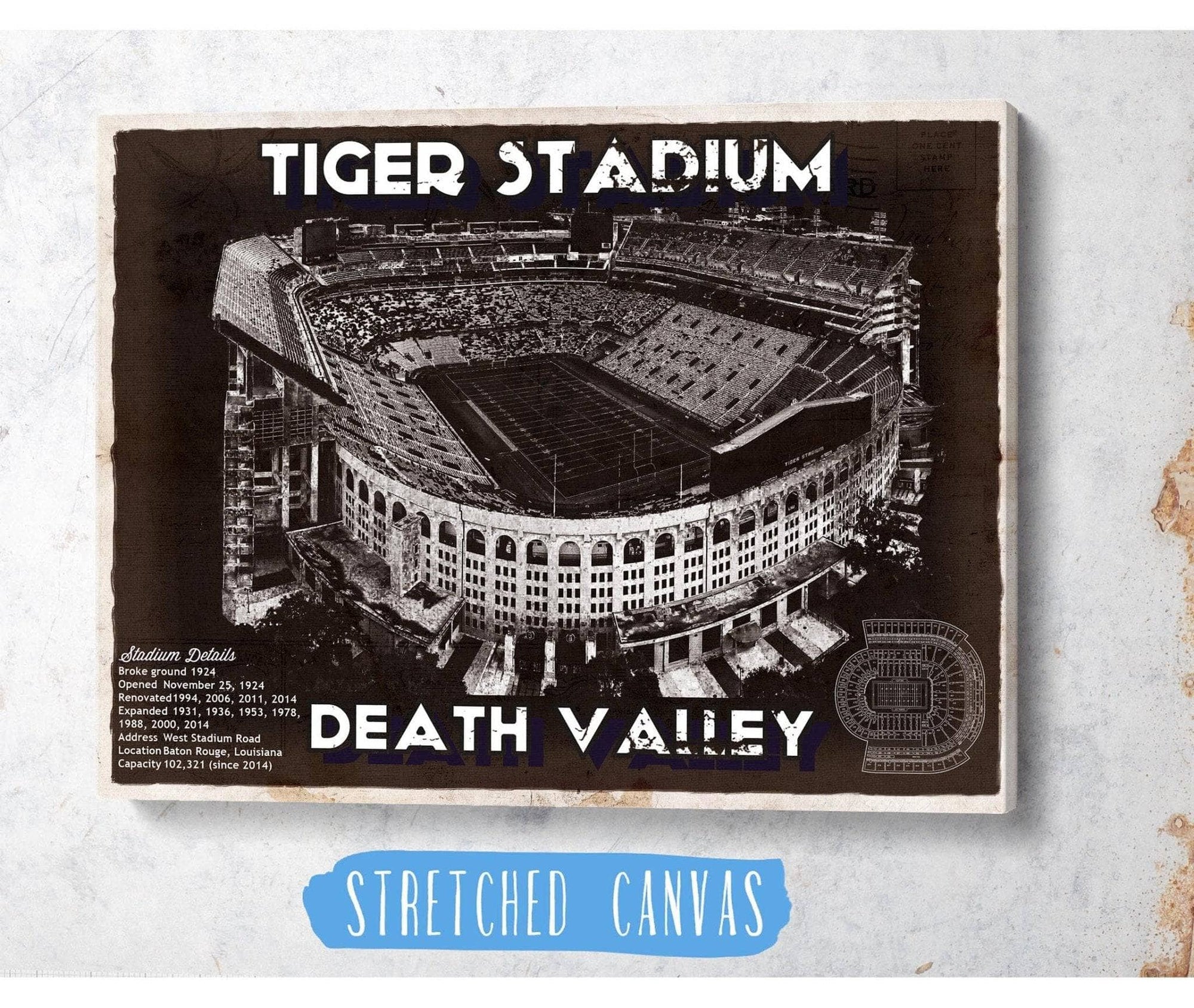 Cutler West College Football Collection Tiger Stadium Art - LSU Tigers Vintage Stadium & Blueprint Art Print