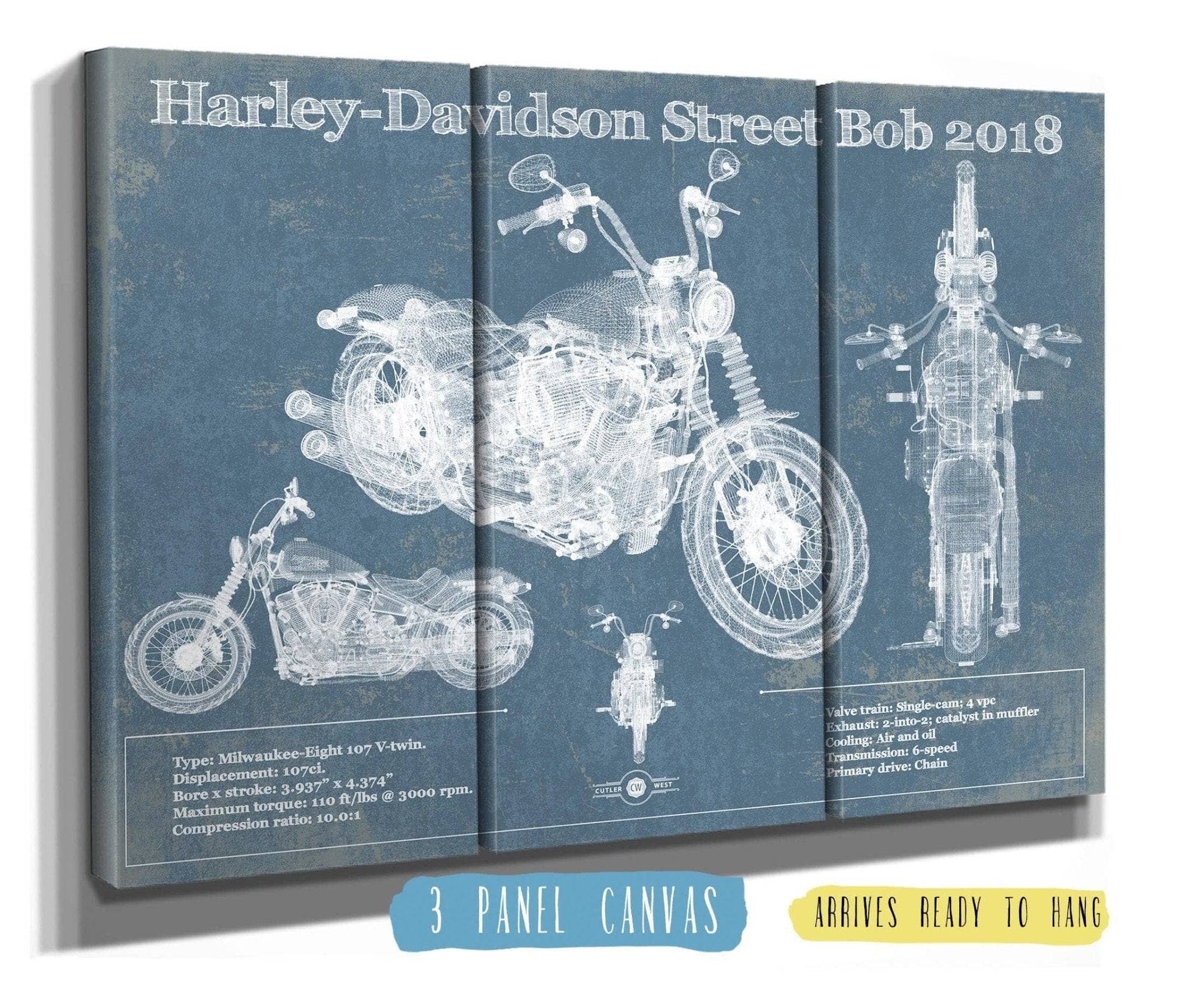 Cutler West 48" x 32" / 3 Panel Canvas Wrap Harley-Davidson Street Bob 2018 Blueprint Motorcycle Patent Print 833110150_20292