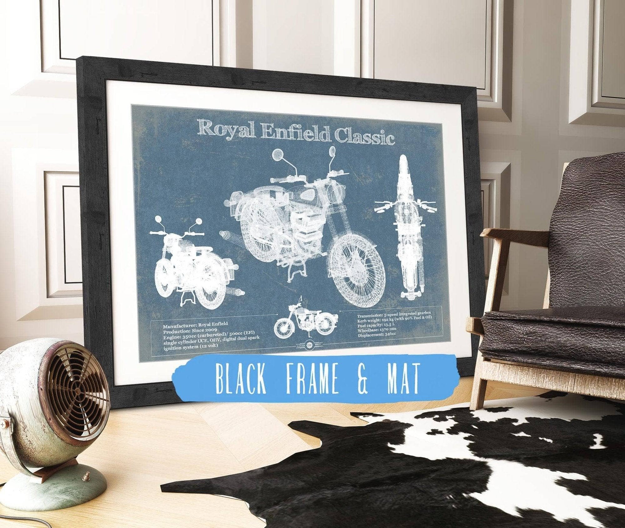 Cutler West 14" x 11" / Black Frame & Mat Royal Enfield Classis 350 And 500 Blueprint Motorcycle Patent Print 933350105_17674