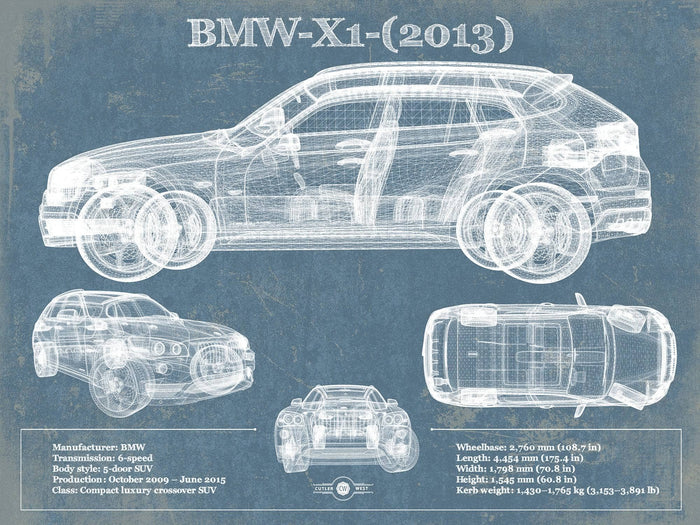 Cutler West Vehicle Collection 14" x 11" / Unframed BMW X1 (2013) Vintage Blueprint Auto Print 833110087_49133