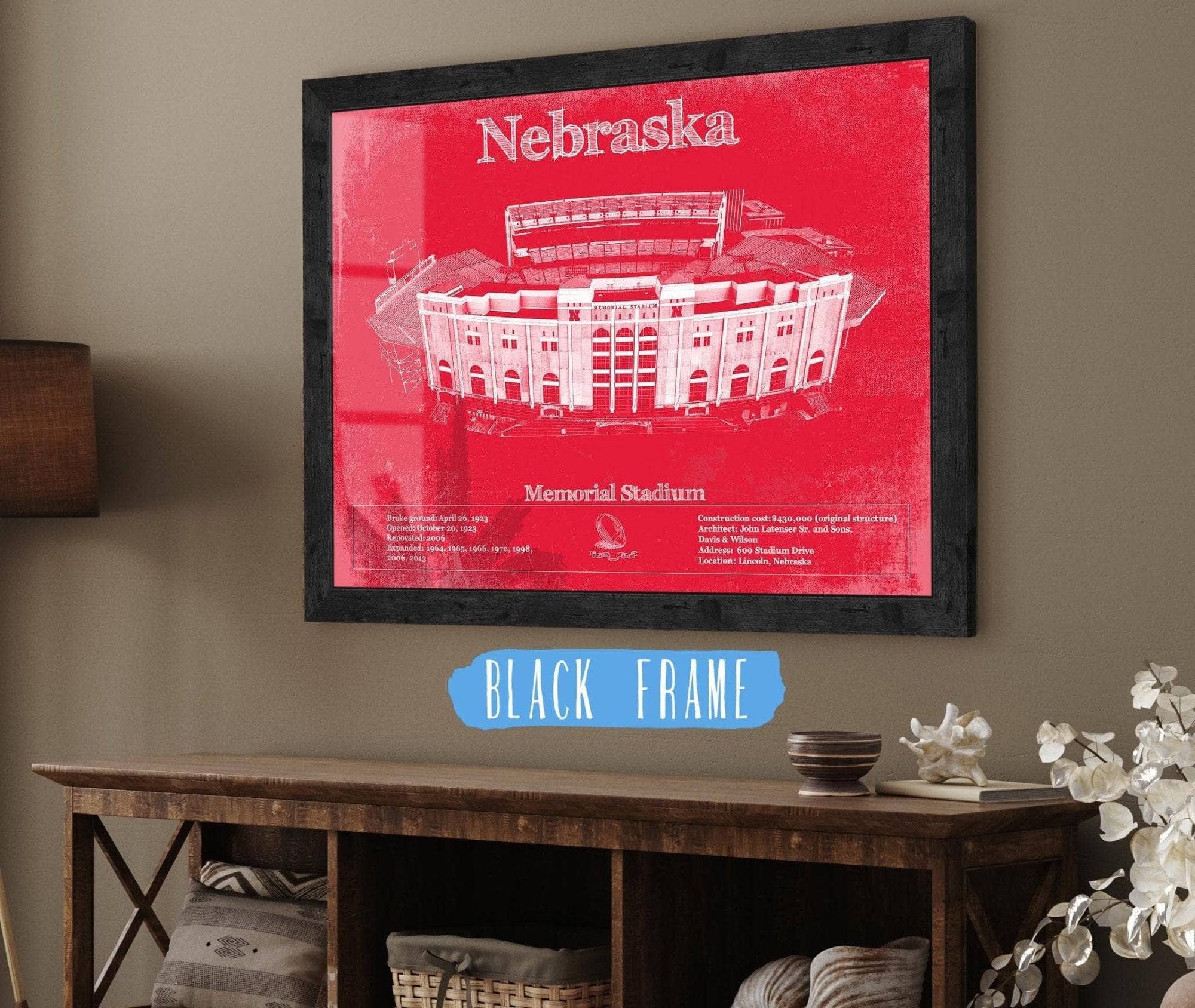 Cutler West College Football Collection 14" x 11" / Black Frame Nebraska Cornhuskers - Vintage Memorial Stadium (Lincoln) Team Colors Art Print 933350118_71946