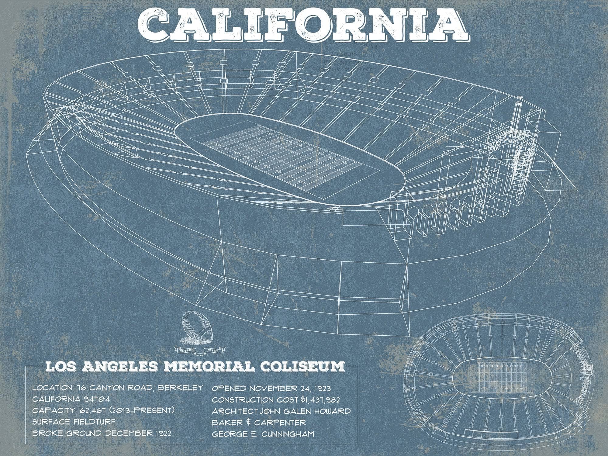 Cutler West College Football Collection 14" x 11" / Unframed California Memorial Stadium Art - University of California Bears Vintage Stadium & Blueprint Art Print 653756595_45173