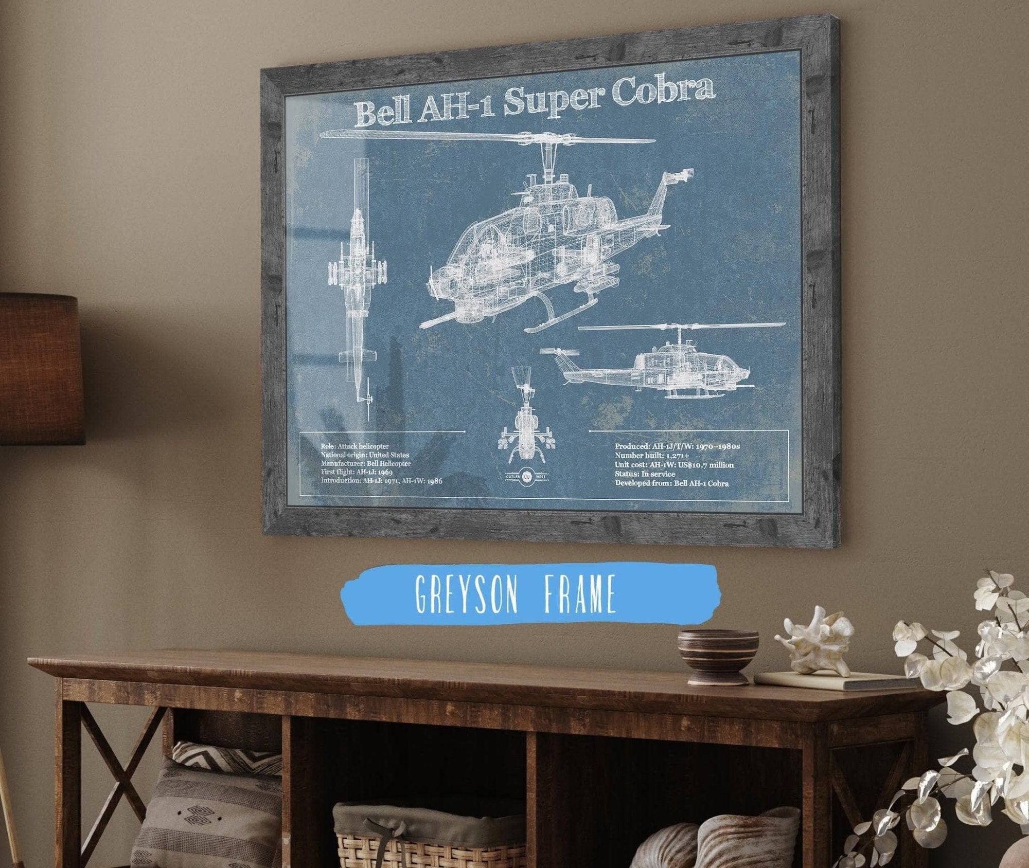 Cutler West Military Aircraft Bell AH-1 SeaCobra/Super Cobra Vintage Original Blueprint Military Print