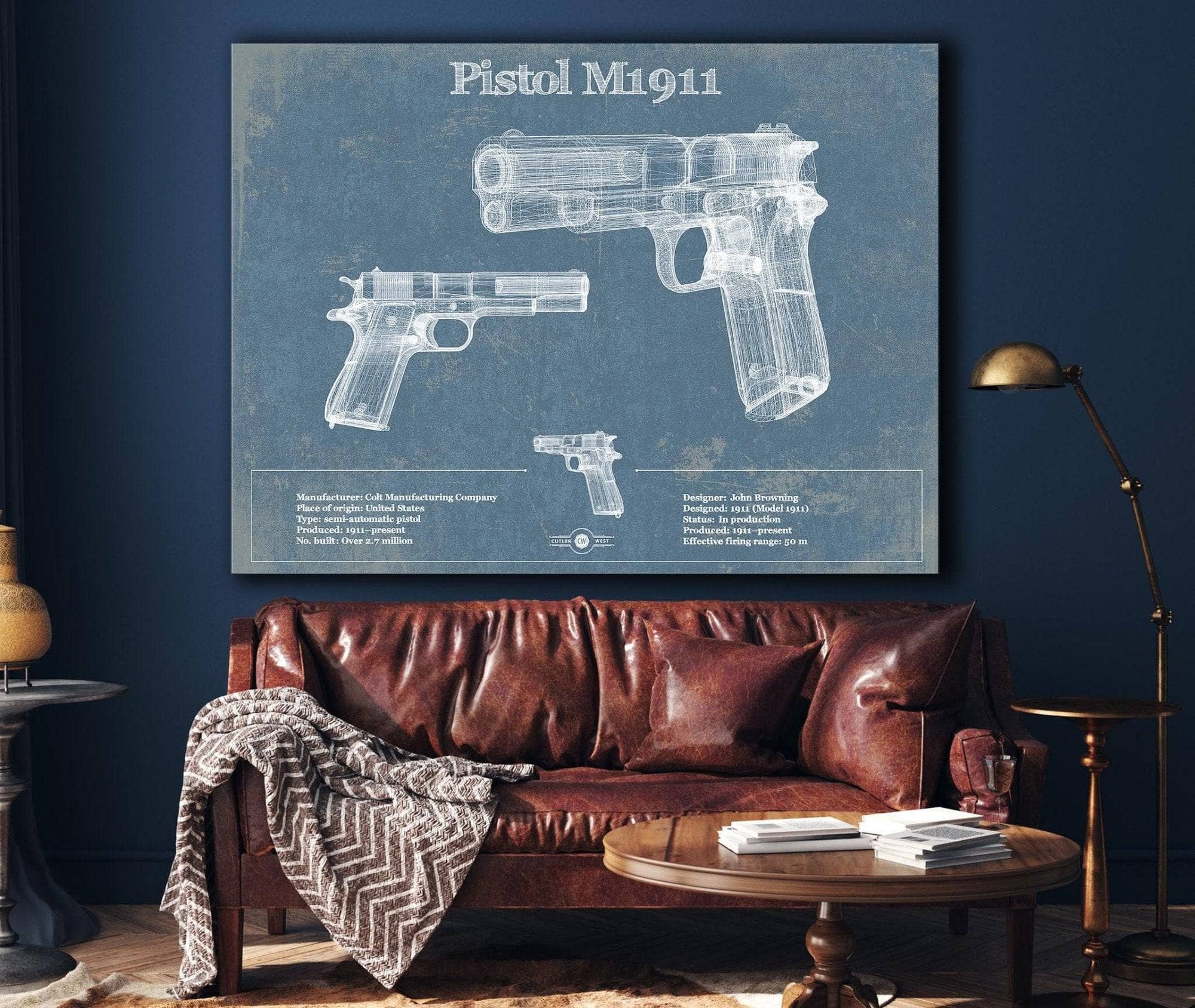 Cutler West Military Weapons Collection Pistol M1911 Blueprint Vintage Gun Print