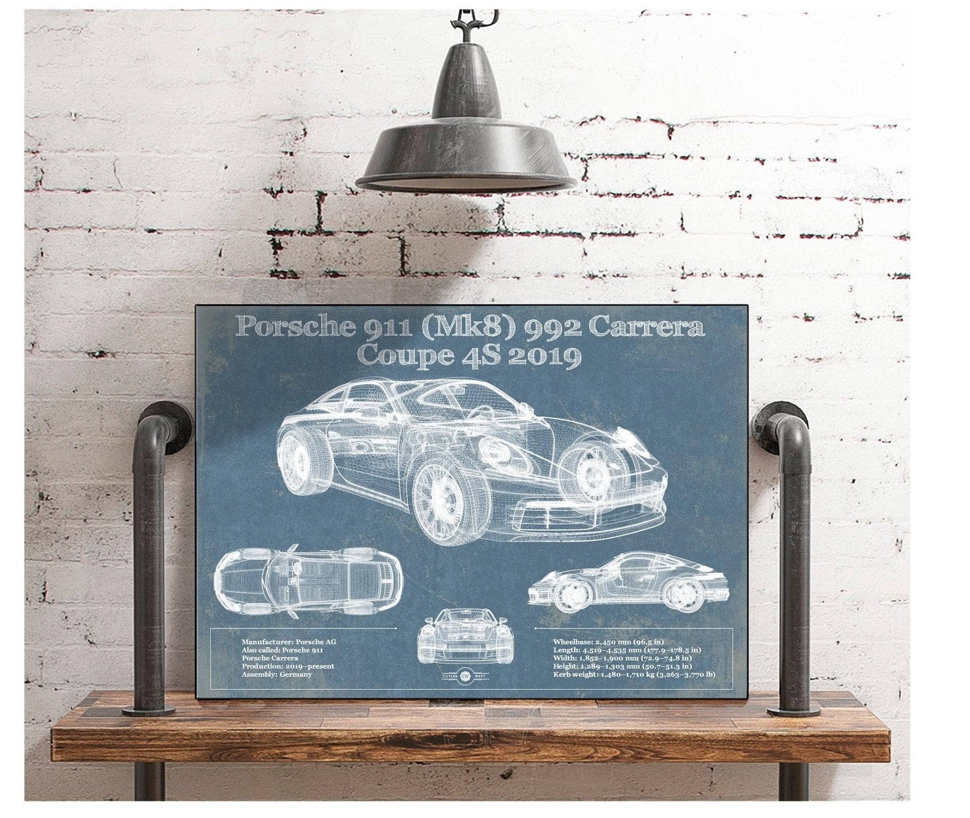 Cutler West Porsche Collection Porsche 911 Mk8 992 Carrera Coupe 4s 2019 Vintage Blueprint Auto Print