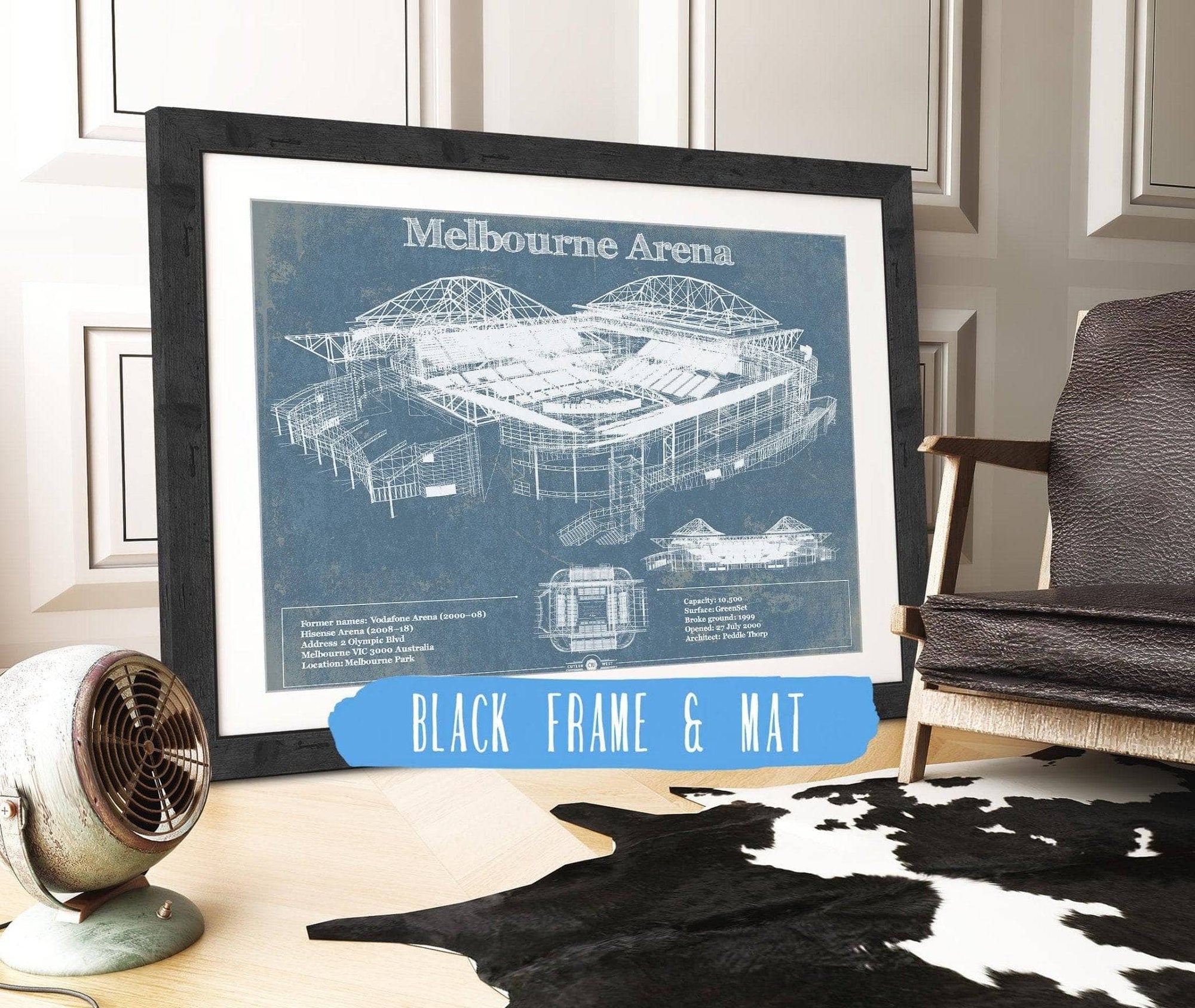Cutler West Tennis Arena 14" x 11" / Black Frame & Mat Melbourne Arena - Vintage Australian Open Tennis Blueprint Art 835000051_5871