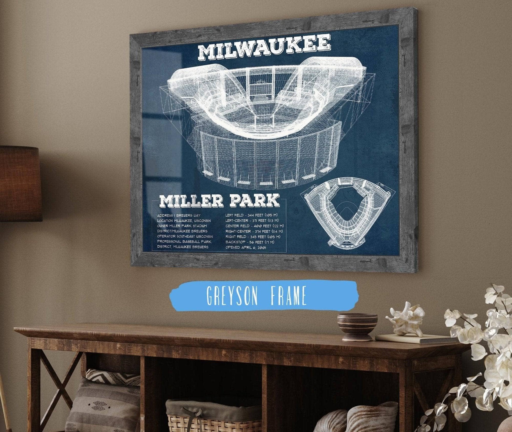 Cutler West Baseball Collection 14" x 11" / Greyson Frame Milwaukee Brewers Miller Park Seating Chart - Vintage Baseball Fan Print 746303541_73734