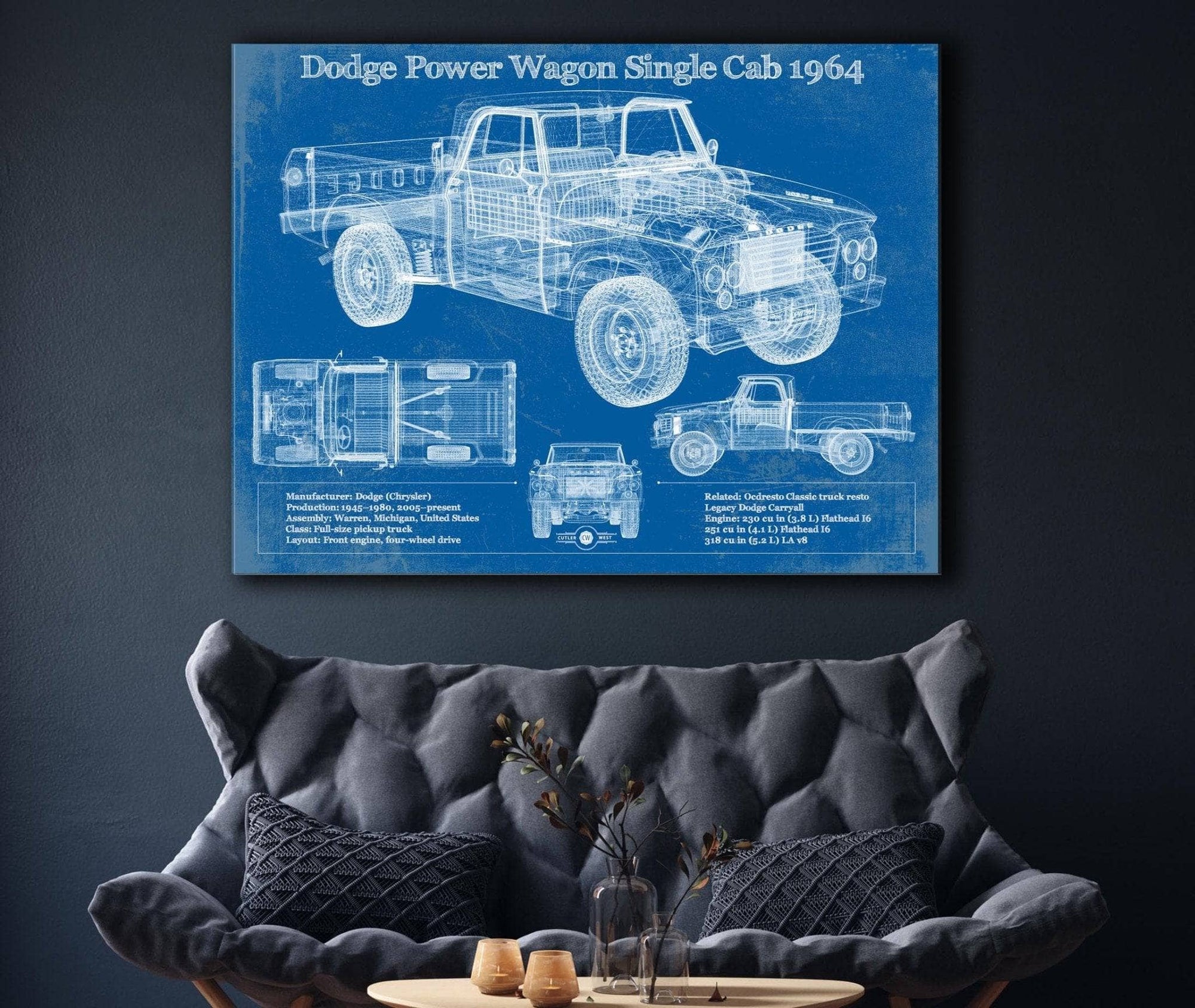 Cutler West Dodge Collection Dodge Power Wagon Single Cab 1964 Vintage Blueprint Auto Print