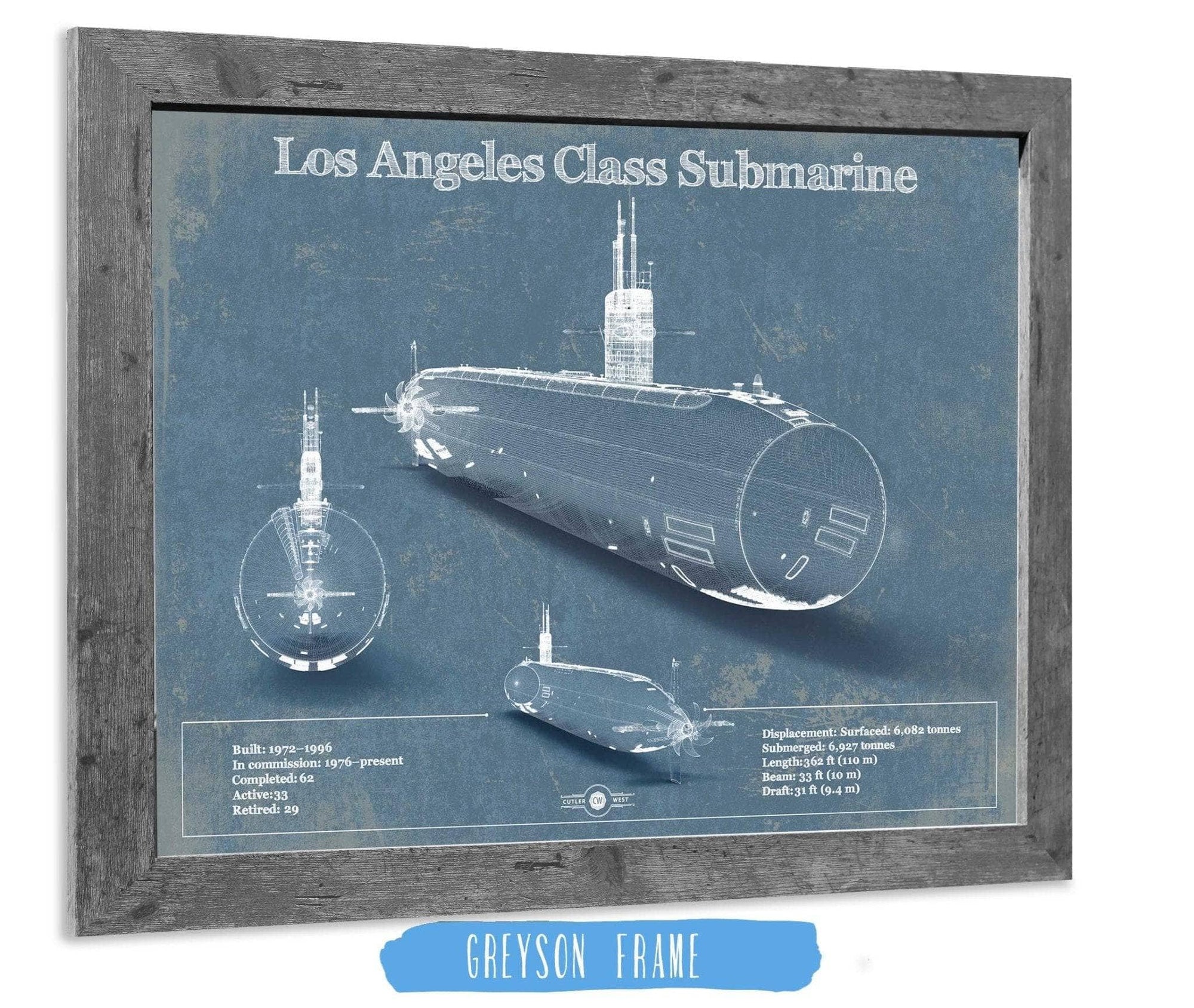 Cutler West Naval Military 14" x 11" / Greyson Frame Los Angeles-class submarine Blueprint Patent Original Art 845000153_65309
