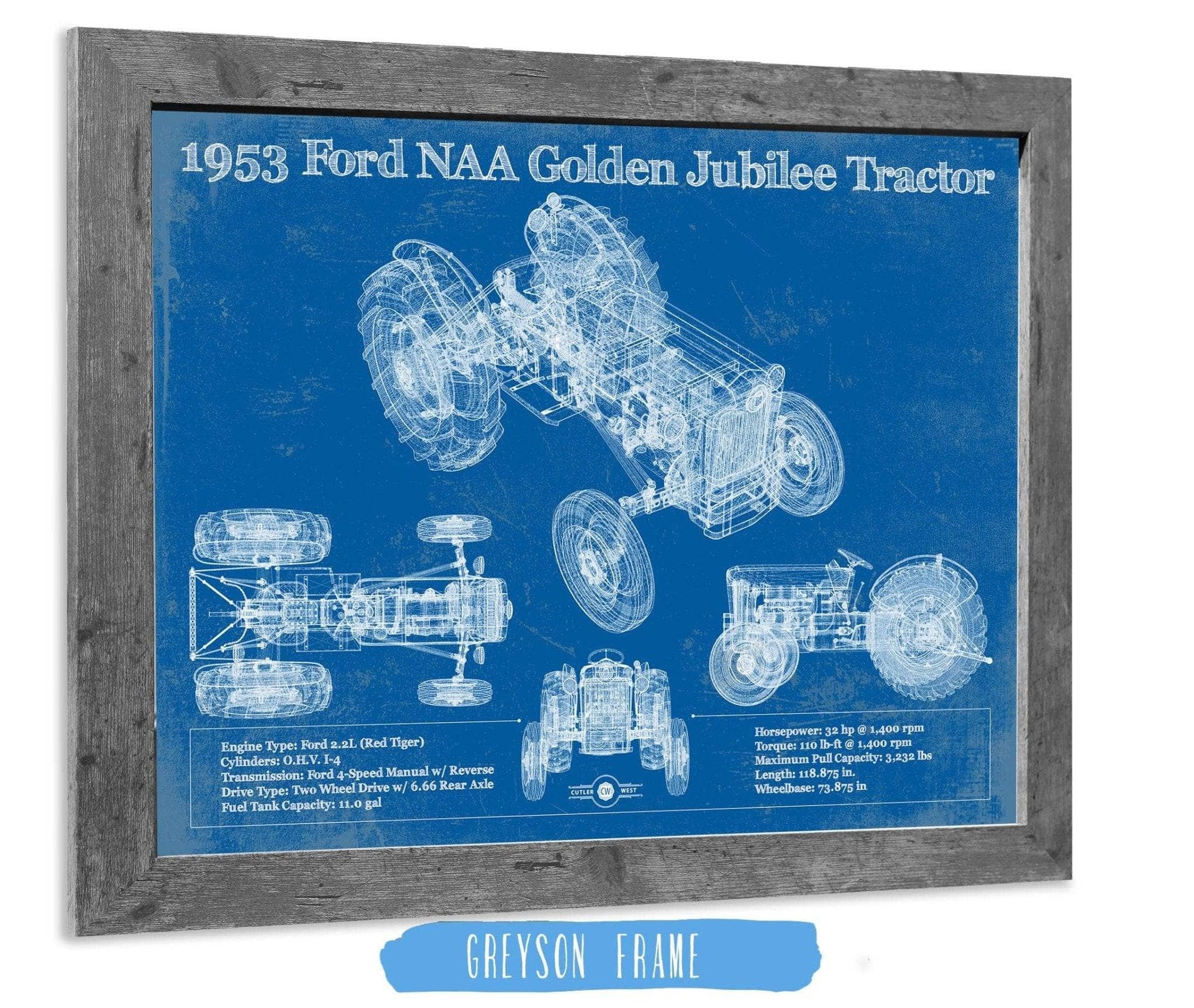 Cutler West Ford Collection 14" x 11" / Greyson Frame 1953 Ford NAA Golden Jubilee Blueprint Vintage Tractor Patent Print 933311092_32113