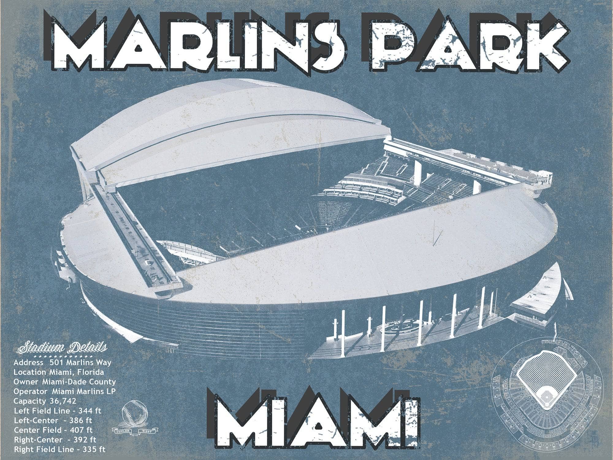 Cutler West Baseball Collection 14" x 11" / Unframed Miami Marlins - Marlins Park Vintage Baseball Fan Print 718123457_73529