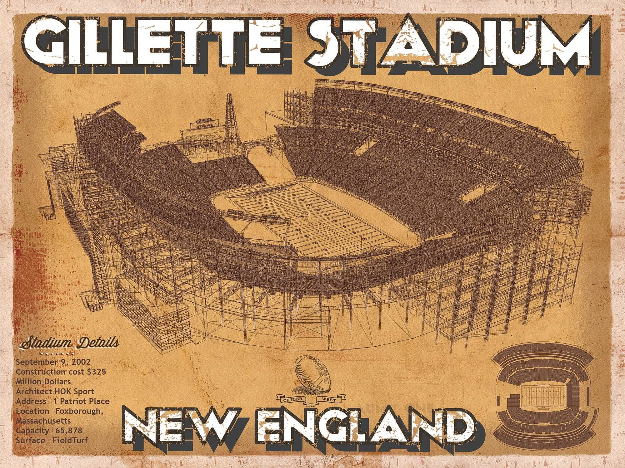 Cutler West Pro Football Collection 14" x 11" / Unframed Vintage New England Patriots Gillette Stadium Wall Art 717505847-14"-x-11"66465