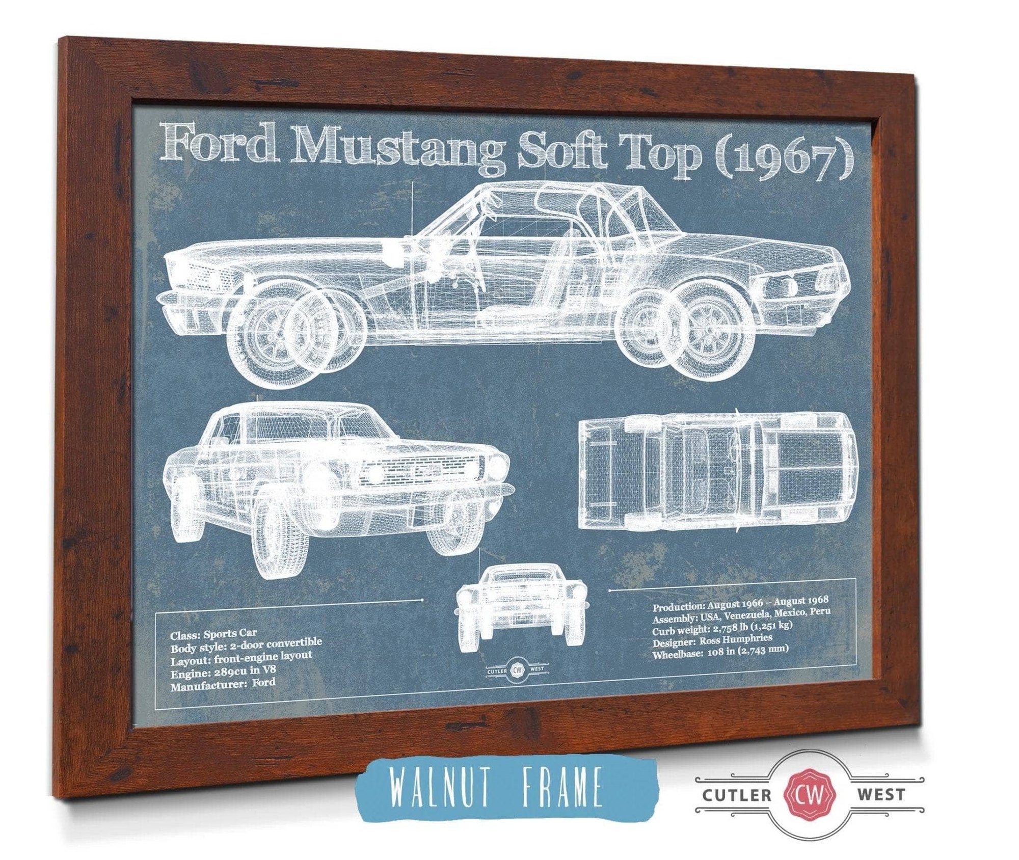 Cutler West Ford Collection 14" x 11" / Walnut Frame Ford Mustang Soft Top/Convertible 1967 Original Blueprint Art 887028999_20311