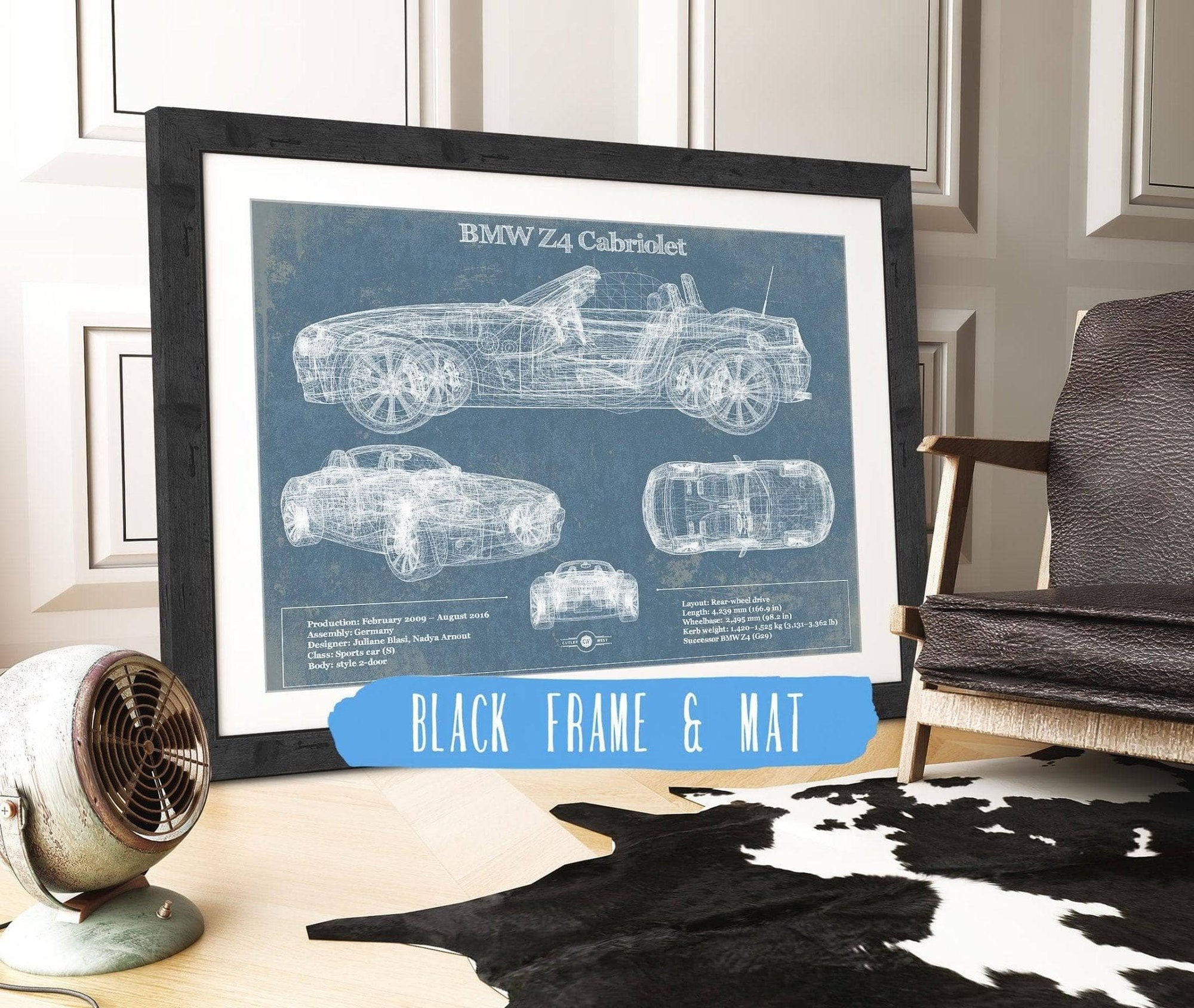 Cutler West Vehicle Collection 14" x 11" / Black Frame & Mat BMW Z4 Cabriolet Vintage Blueprint Auto Print 833110072_48937
