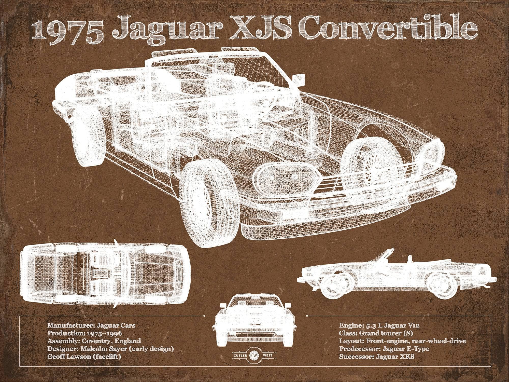 Cutler West Jaguar Collection 14" x 11" / Unframed 1975 Jaguar Xjs Convertible Vintage Blueprint Auto Print 933350050_13322
