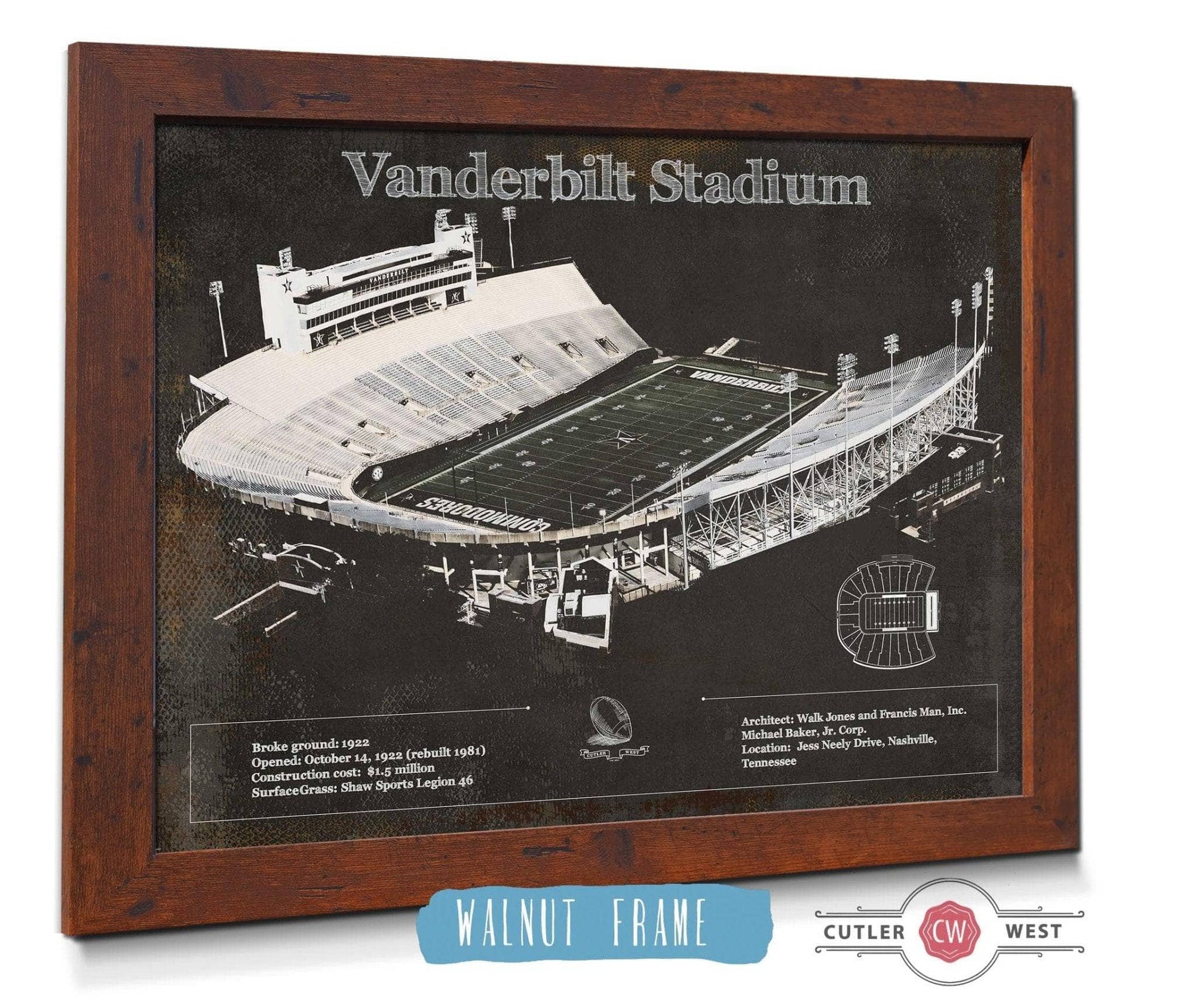 Cutler West College Football Collection 14" x 11" / Walnut Frame Vanderbilt Commodores Football Art - Vanderbilt Stadium Wall Art 935629846_9238