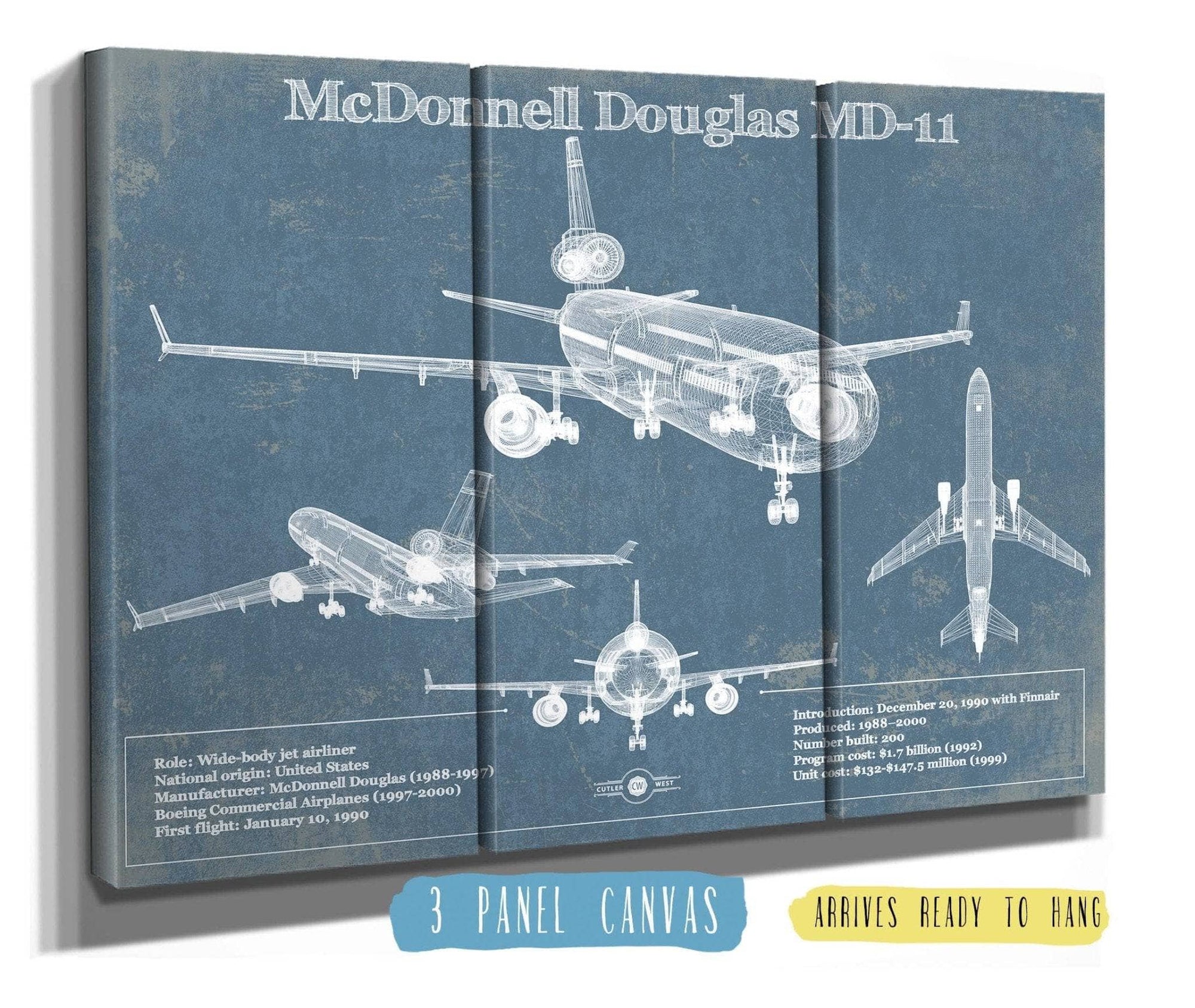 Cutler West McDonnell Douglas Collection 48" x 32" / 3 Panel Canvas Wrap McDonnell Douglas MD-11 Vintage Aviation Blueprint Print 896038797_17982