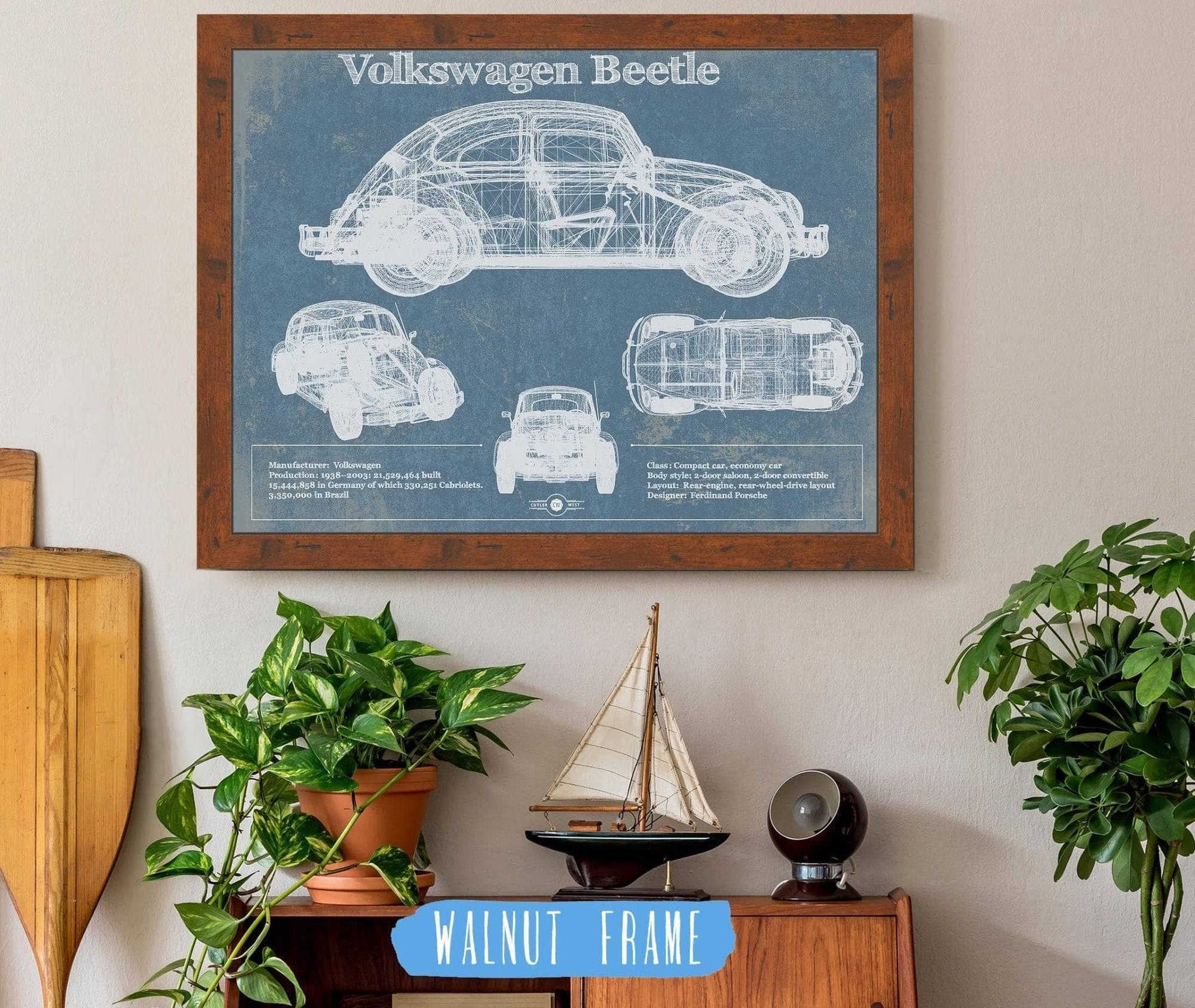Cutler West Vehicle Collection Volkswagen Beetle Blueprint Vintage Auto Print