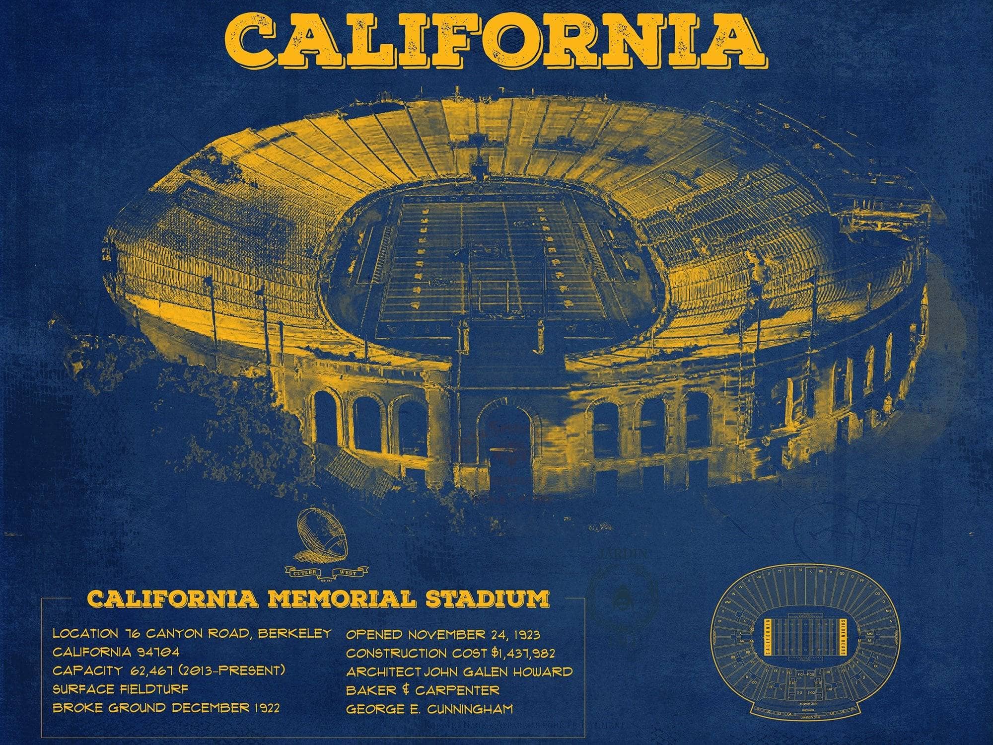 Cutler West College Football Collection 14" x 11" / Unframed California Memorial Stadium Poster - University of California Bears Vintage Stadium & Blueprint Art Print 750877871_45239