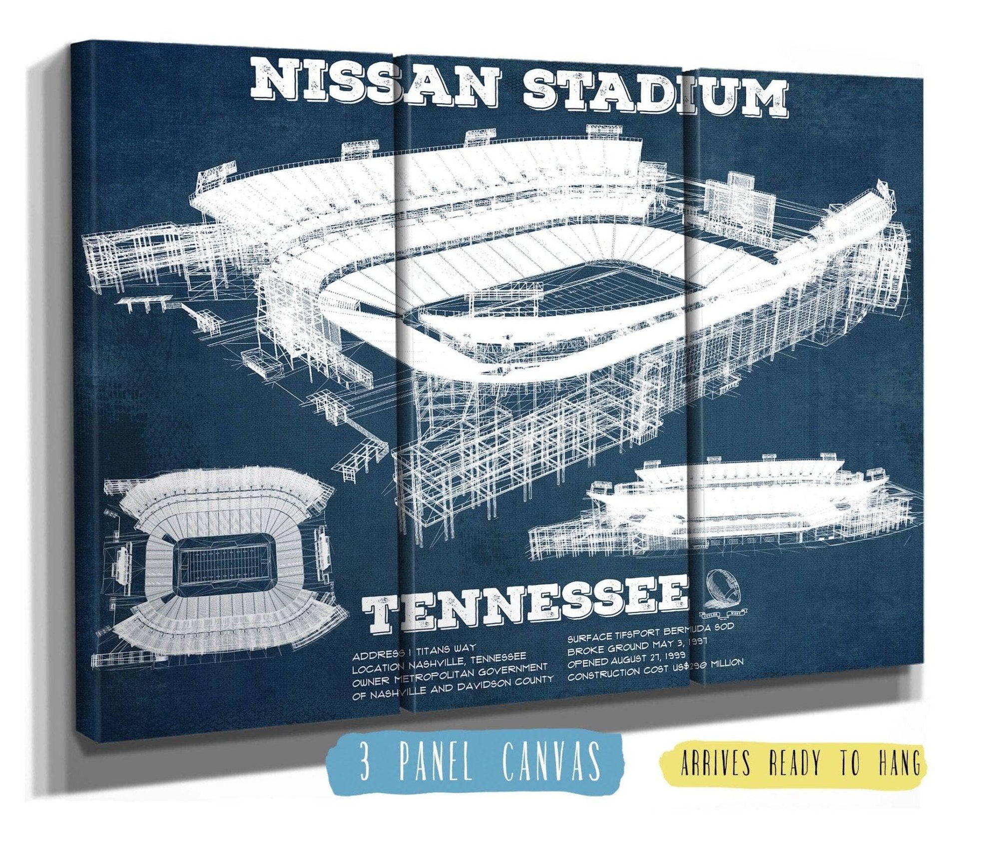 Cutler West Pro Football Collection 48" x 32" / 3 Panel Canvas Wrap Tennessee Titans Nissan Stadium - Vintage Football Print 712523627
