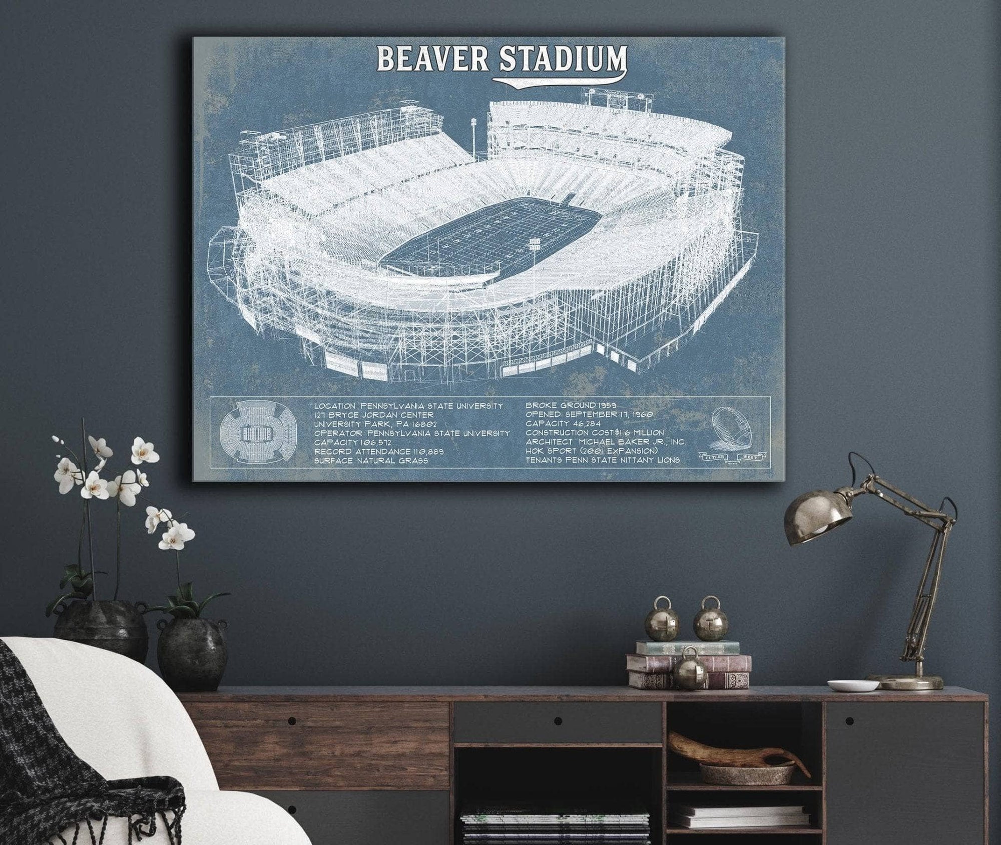 Cutler West College Football Collection Penn State Nittany Lions - Beaver Stadium Vintage Blueprint Wall Art