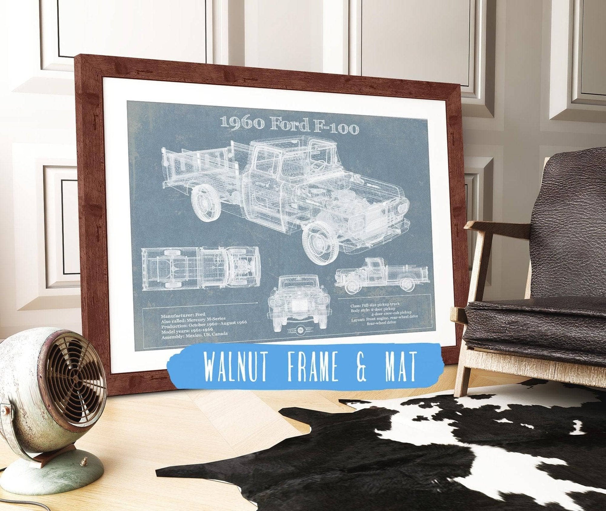 Cutler West Ford Collection 14" x 11" / Walnut Frame & Mat 1960 Ford F-100 Blueprint Vintage Auto Print 933311072_11808