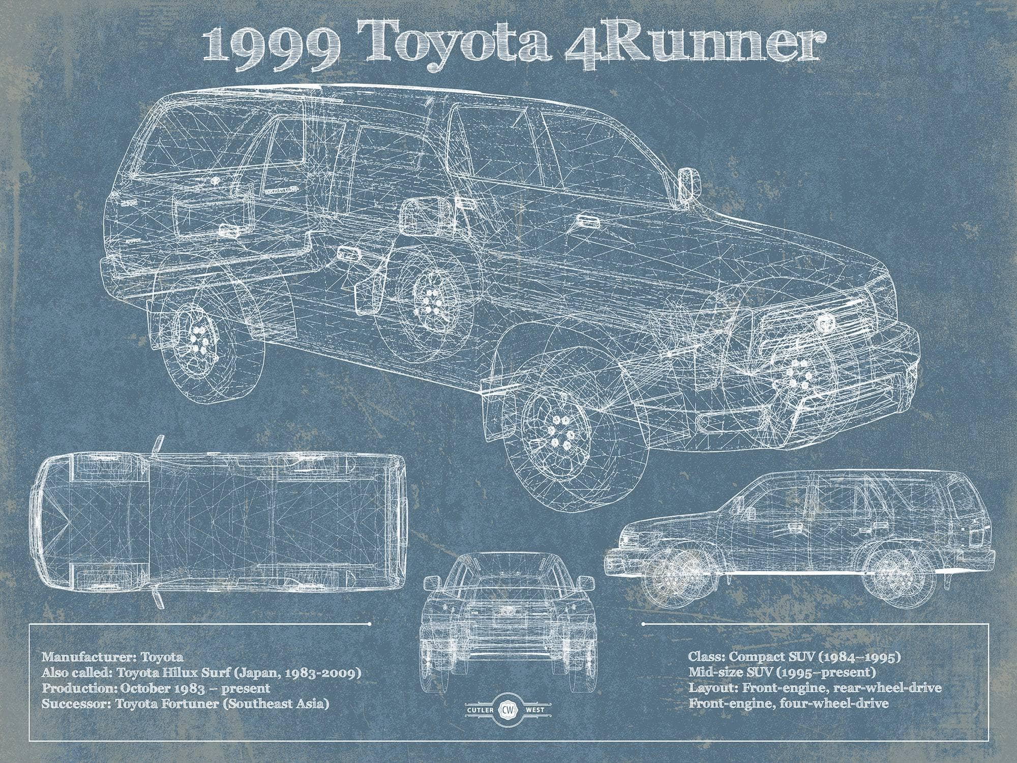 Cutler West Toyota Collection 14" x 11" / Unframed 1999 Toyota 4runner Vintage Blueprint Auto Print 933311012_39365