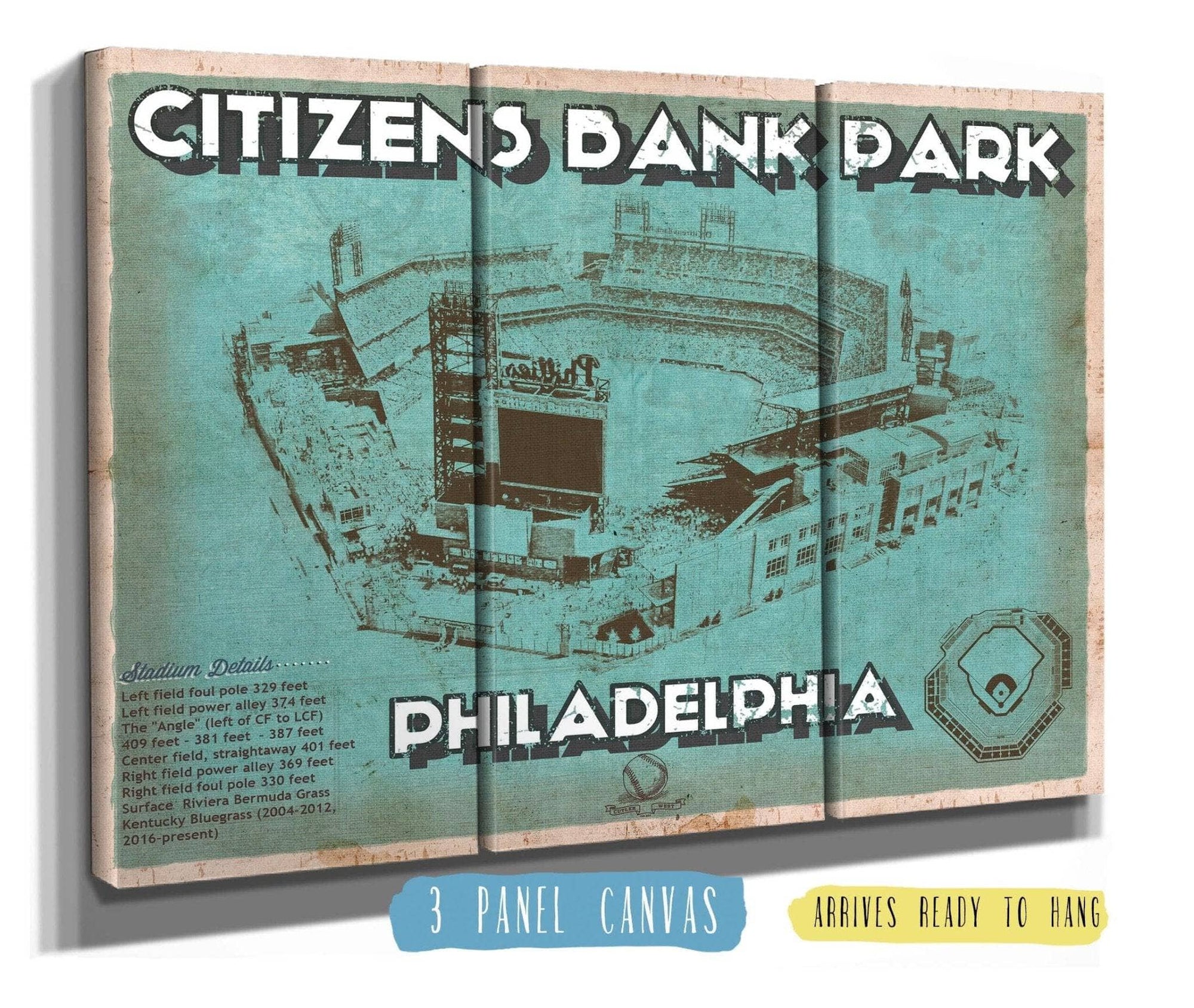 Cutler West Baseball Collection 48" x 32" / 3 Panel Canvas Wrap Philadelphia Phillies - Citizens Bank Park Vintage Baseball Print 721430627-TOP