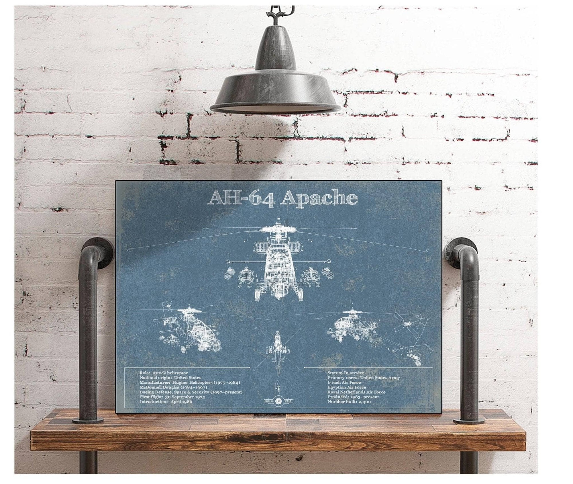 Cutler West Best Selling Collection AH-64 Apache Helicopter Vintage Aviation Blueprint Military Print