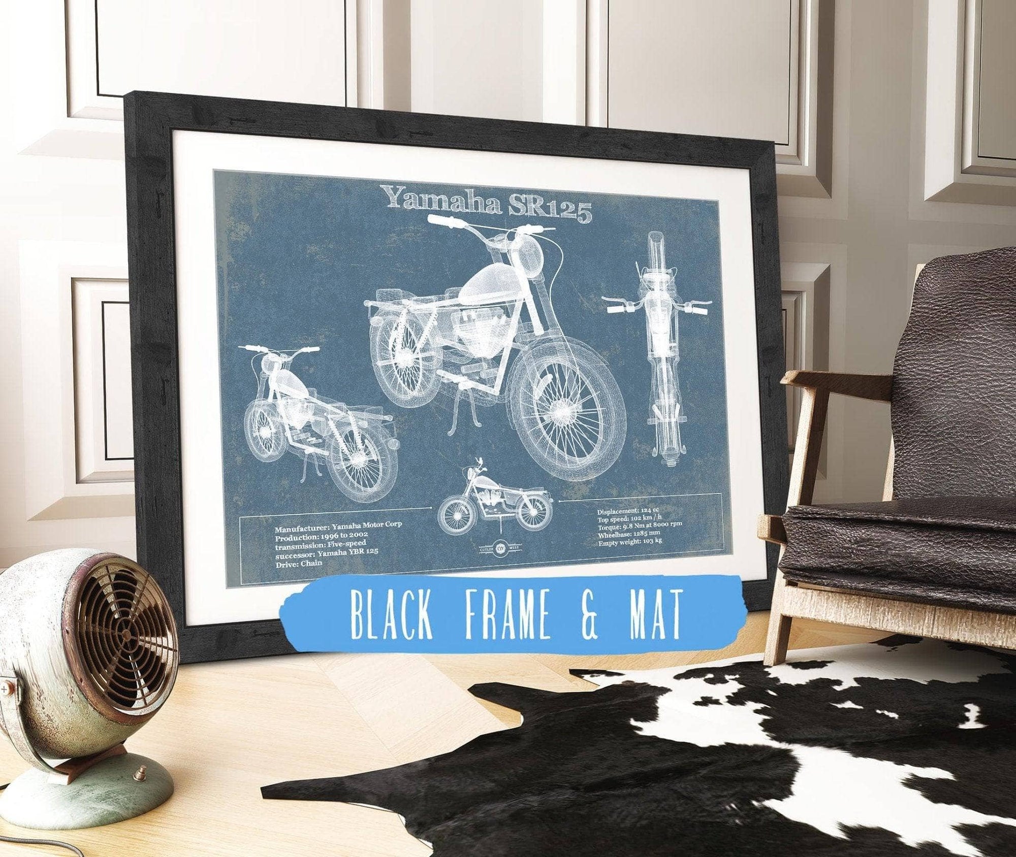 Cutler West 14" x 11" / Black Frame & Mat Yamaha SR125 Blueprint Motorcycle Patent Print 833110054-14"-x-11"5079