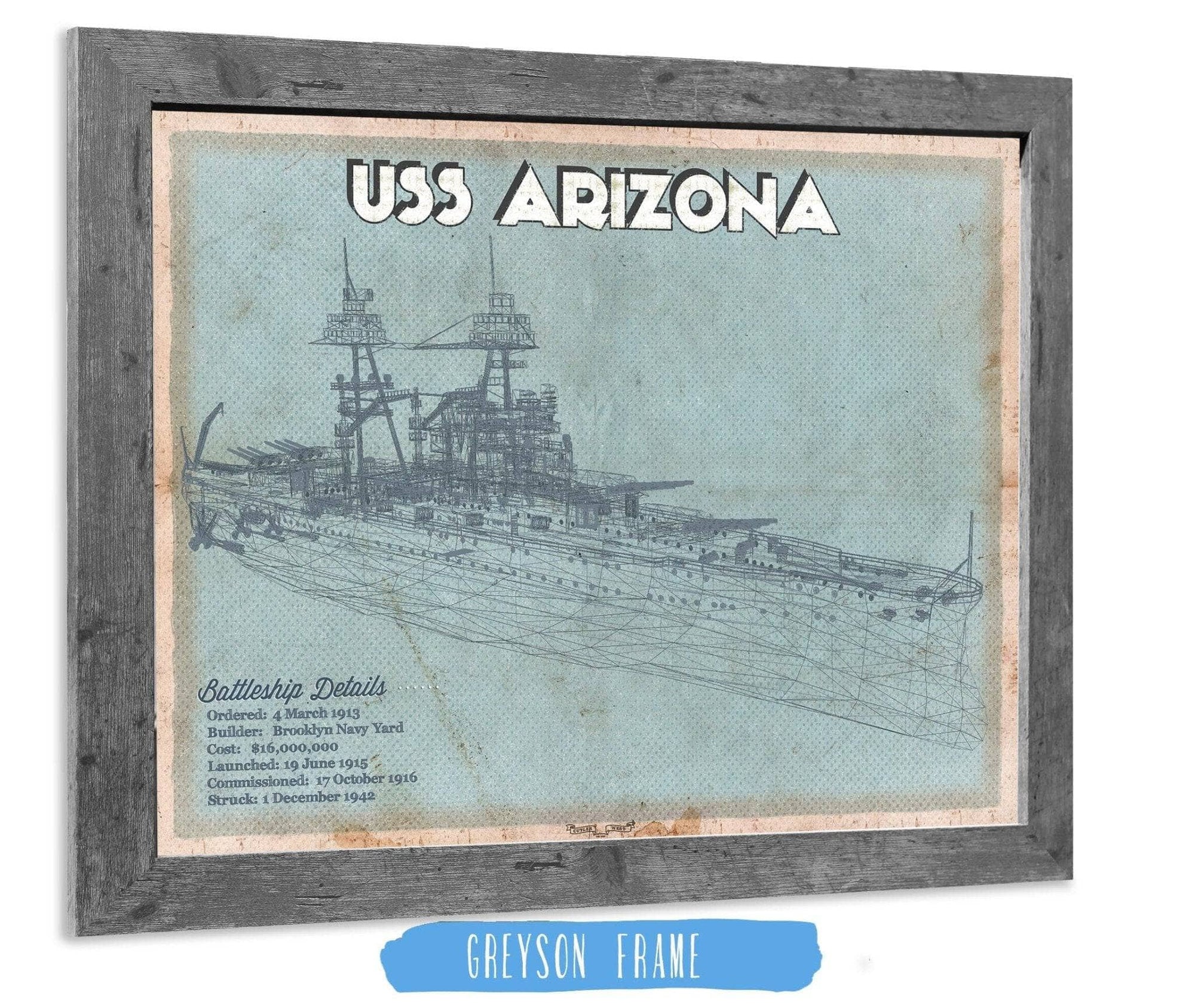 Cutler West Naval Military 14" x 11" / Greyson Frame USS Arizona WWII Battleship Blueprint Military Print 765892342_31717