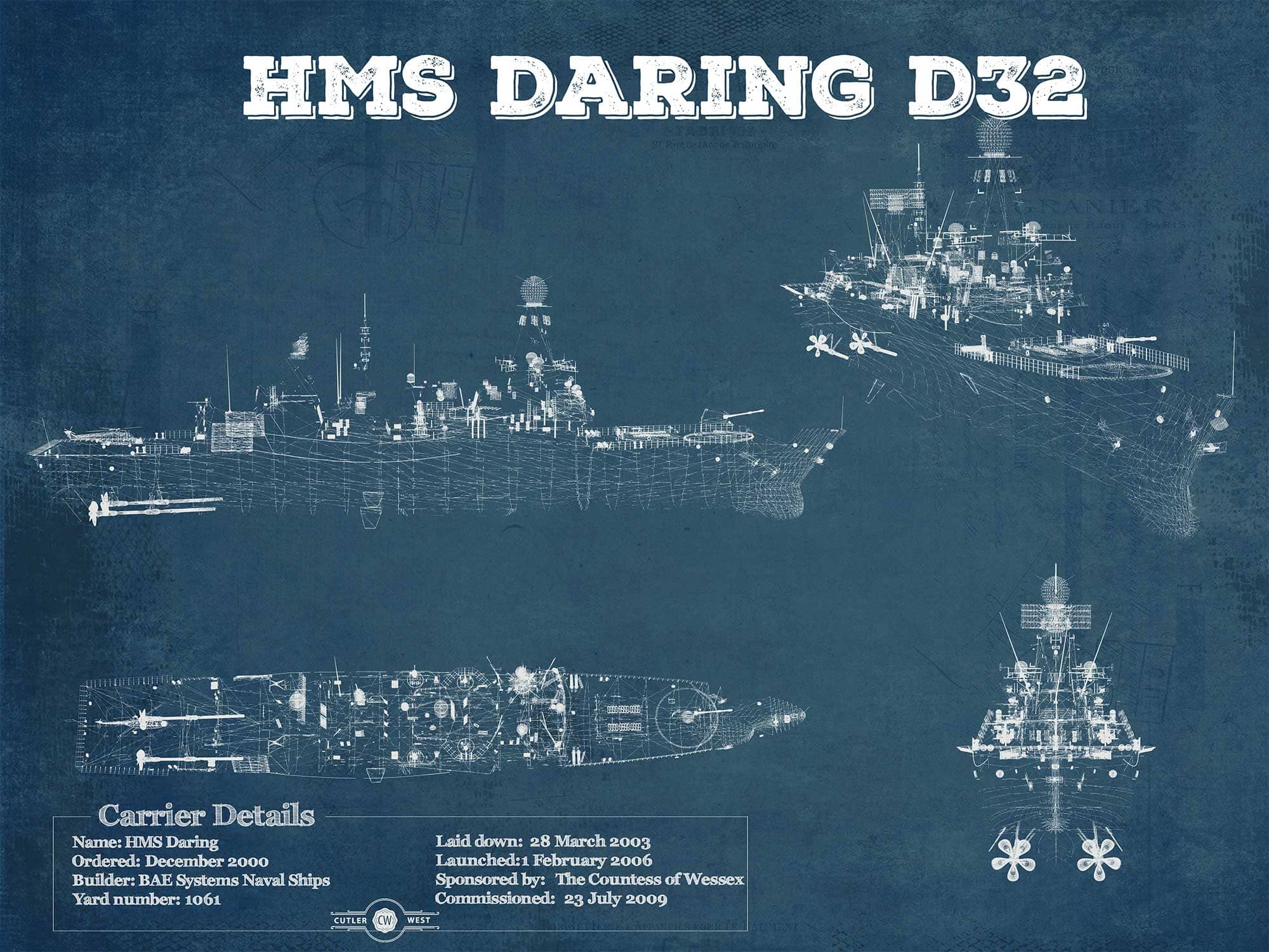 Cutler West HMS Daring (D32) Blueprint Original Military Wall Art - Customizable