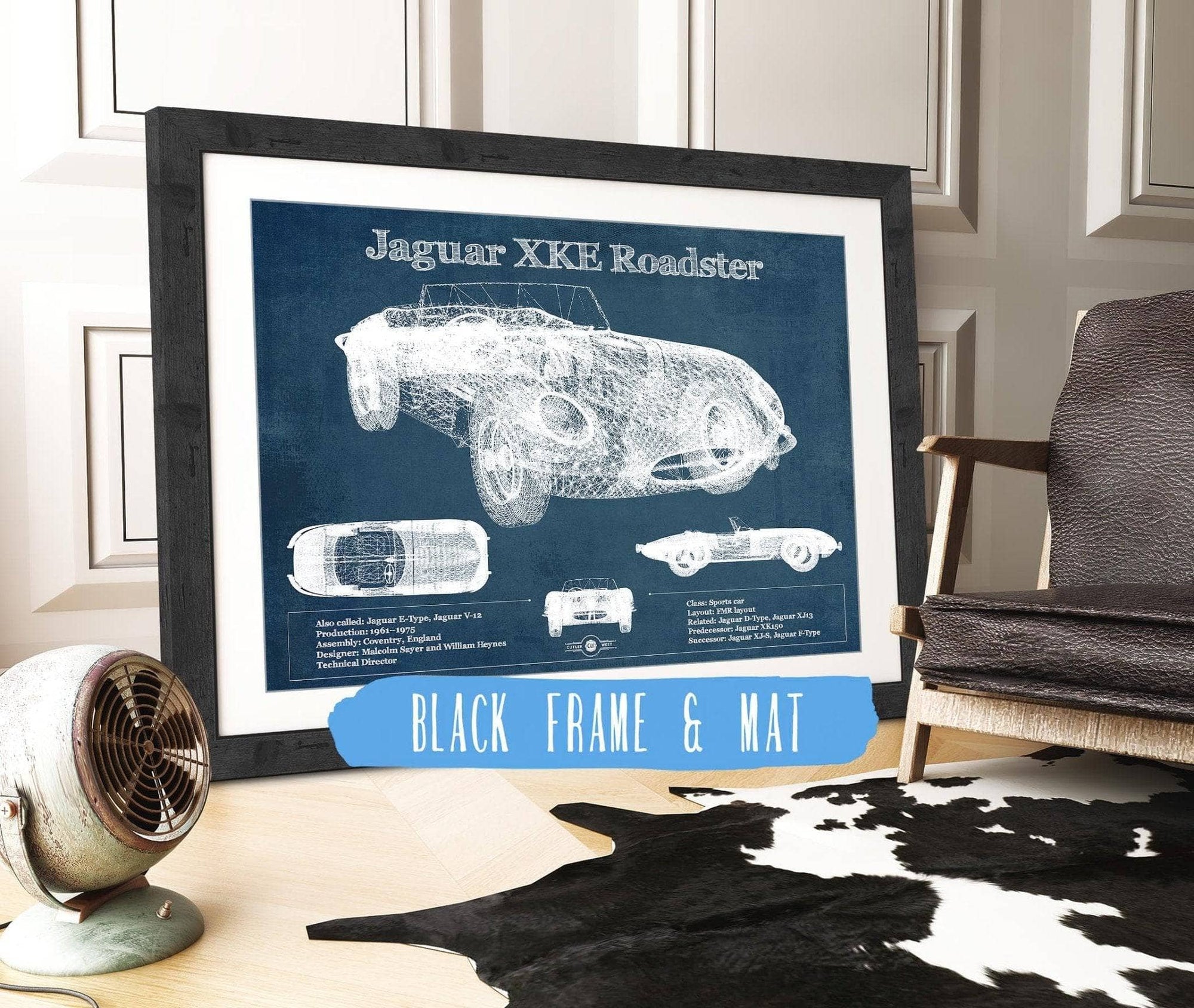 Cutler West Jaguar Collection 14" x 11" / Black Frame & Mat Jaguar XK-E Roadster Original Blueprint Art 933350051_19914