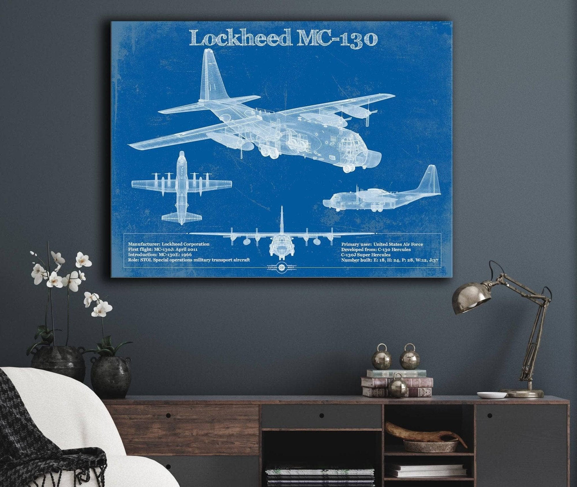 Cutler West Military Aircraft Lockheed MC-130 Vintage Aviation Blueprint Military Print