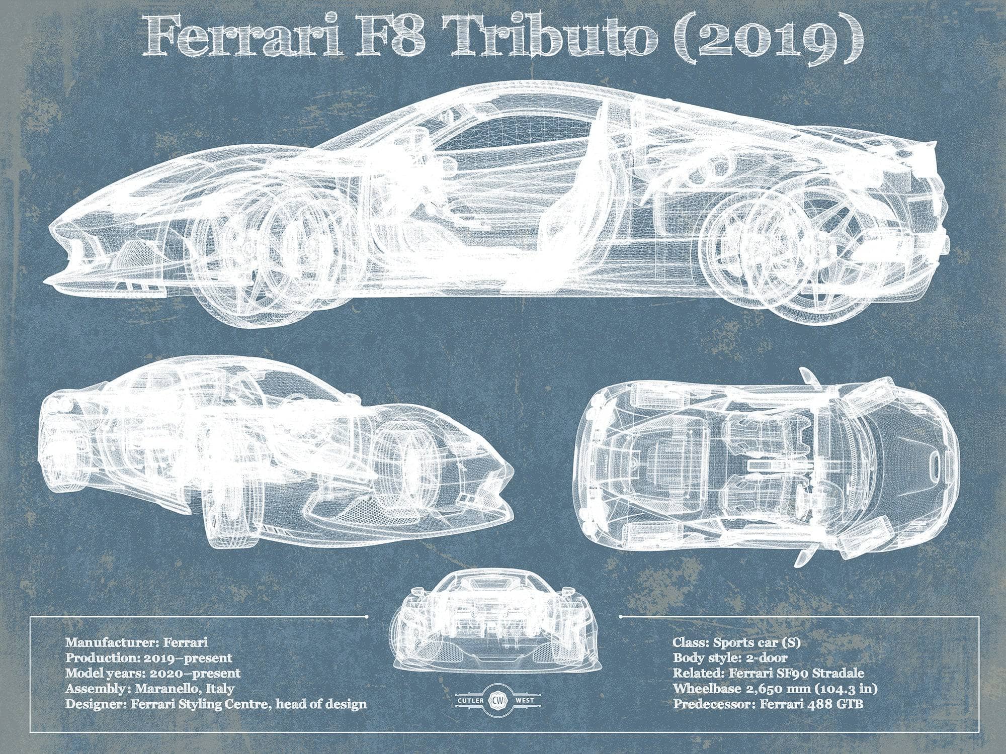 Ferrari F8 Tributo (2019) Blueprint Vintage Auto Print