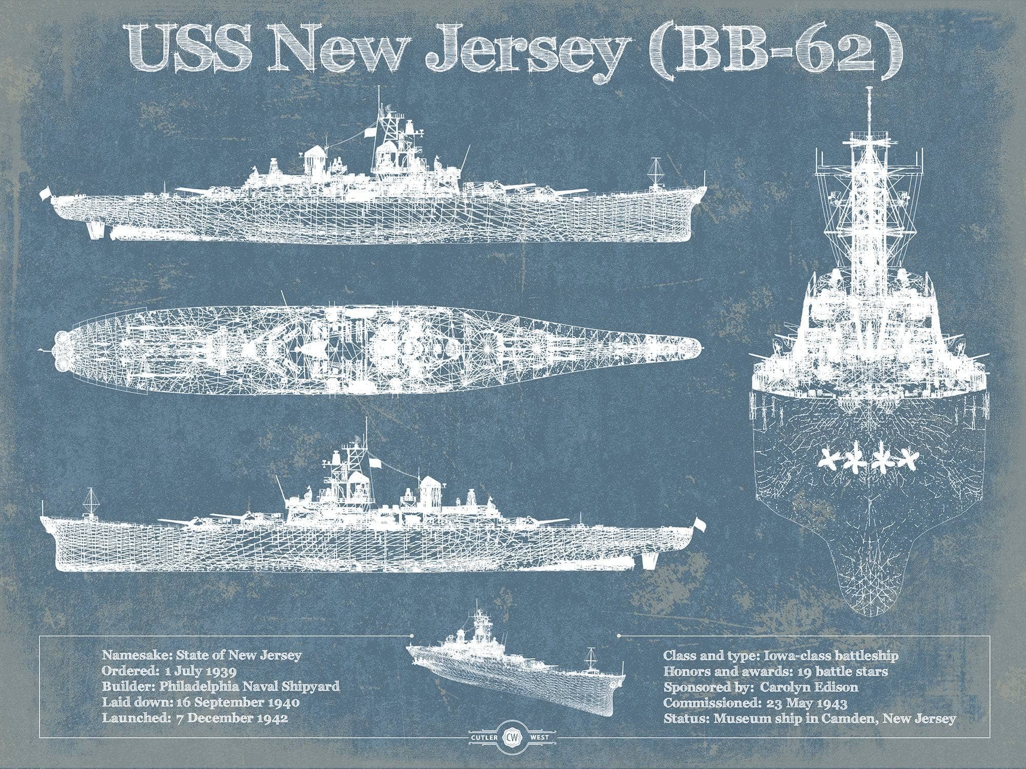 Cutler West Naval Military 14" x 11" / Unframed USS New Jersey (BB-62) Battleship Blueprint Original Military Wall Art - Customizable 933350068_24532