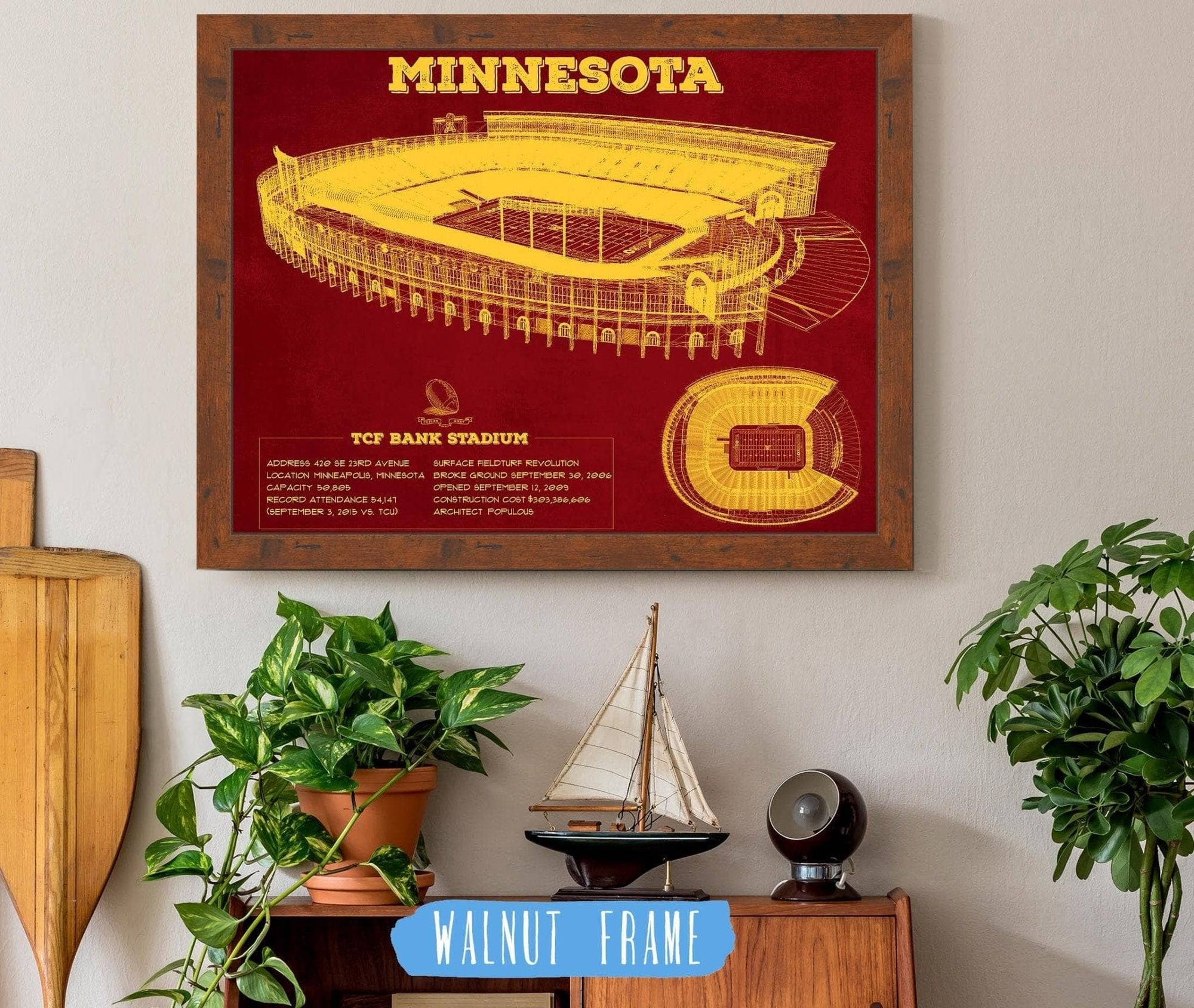 Cutler West College Football Collection 14" x 11" / Walnut Frame Minnesota Gophers - Vintage TCF Bank Stadium  Blueprint Art Print 738965824-TOP_72410