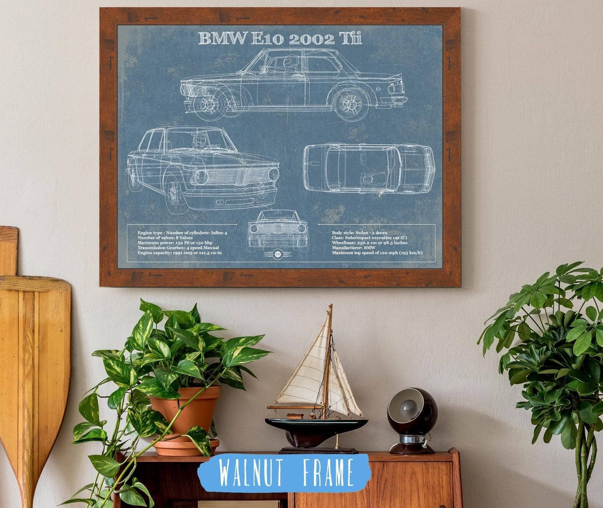 Cutler West Vehicle Collection 14" x 11" / Walnut Frame BMW E10 2002 Tii Blueprint Vintage Auto Print 898796383_47882