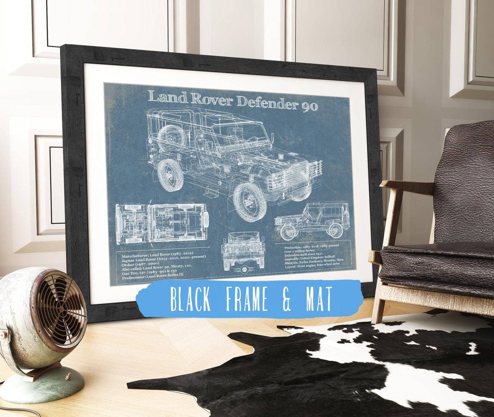 Cutler West Land Rover Collection 14" x 11" / Black Frame & Mat Land Rover Defender 90 Blueprint Vintage Auto Patent Print 933311069