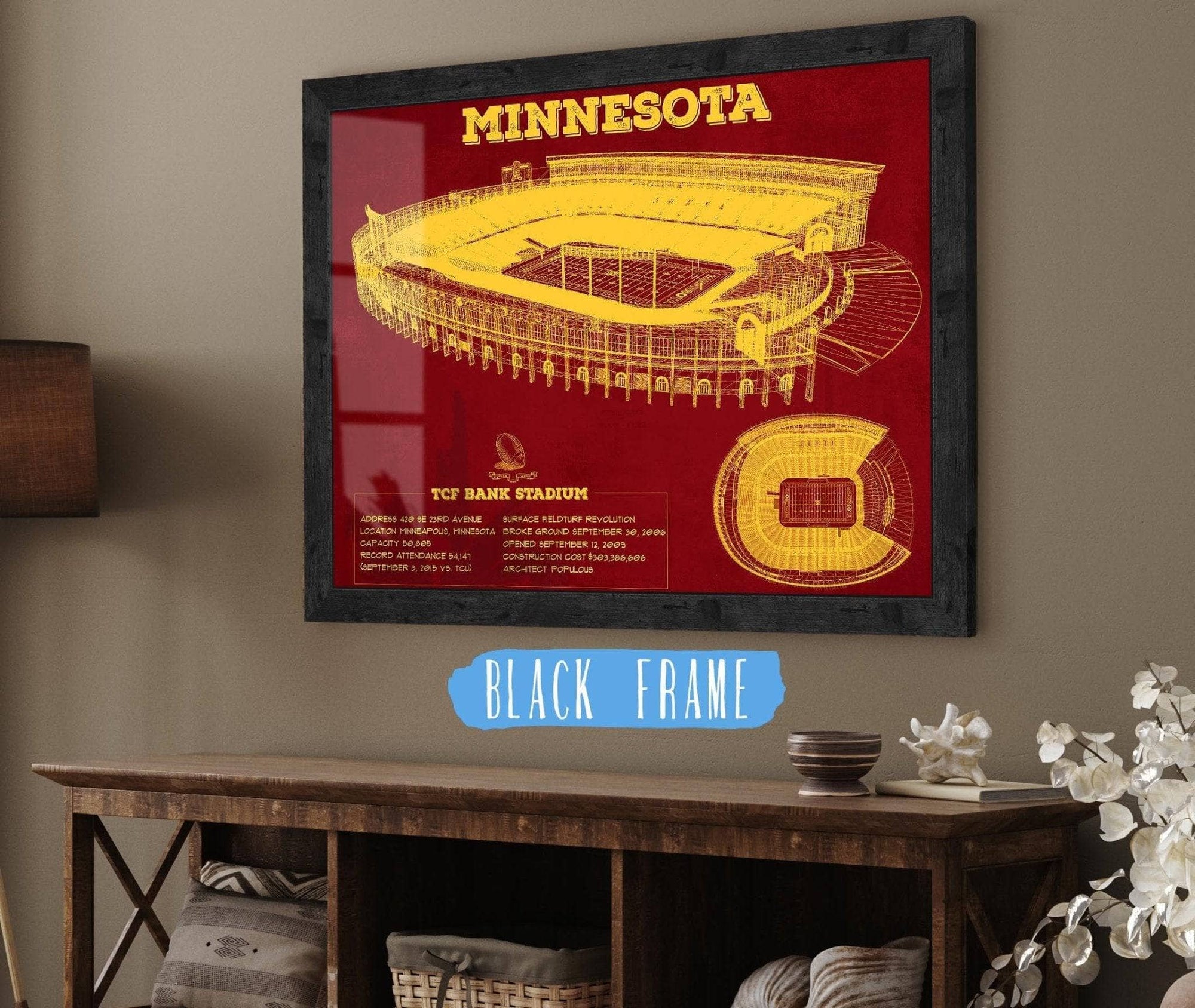 Cutler West College Football Collection 14" x 11" / Black Frame Minnesota Gophers - Vintage TCF Bank Stadium  Blueprint Art Print 738965824-TOP_72408