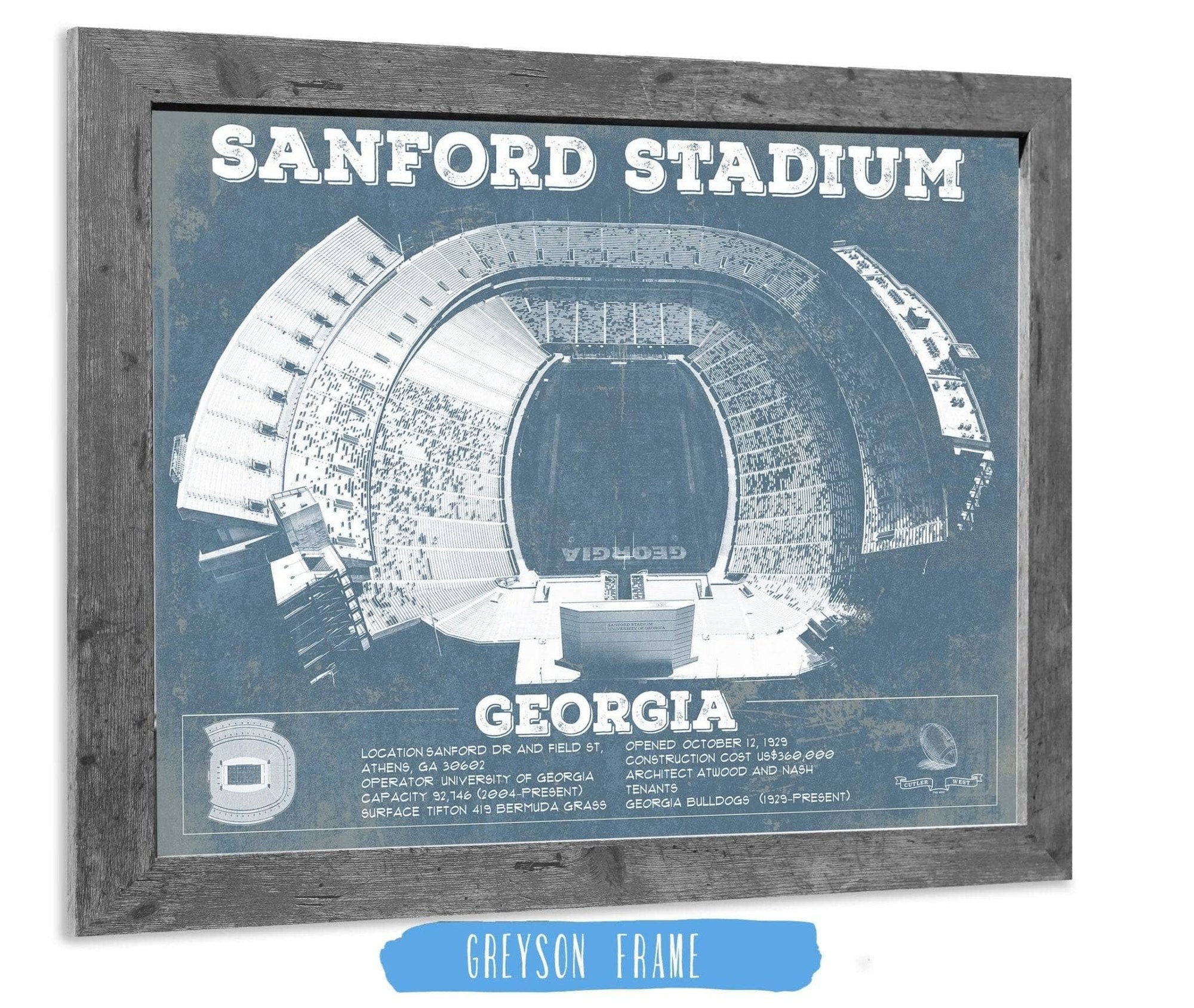 Cutler West College Football Collection Georgia Bulldogs Football - Sanford Stadium Vintage Football Blueprint Art Print