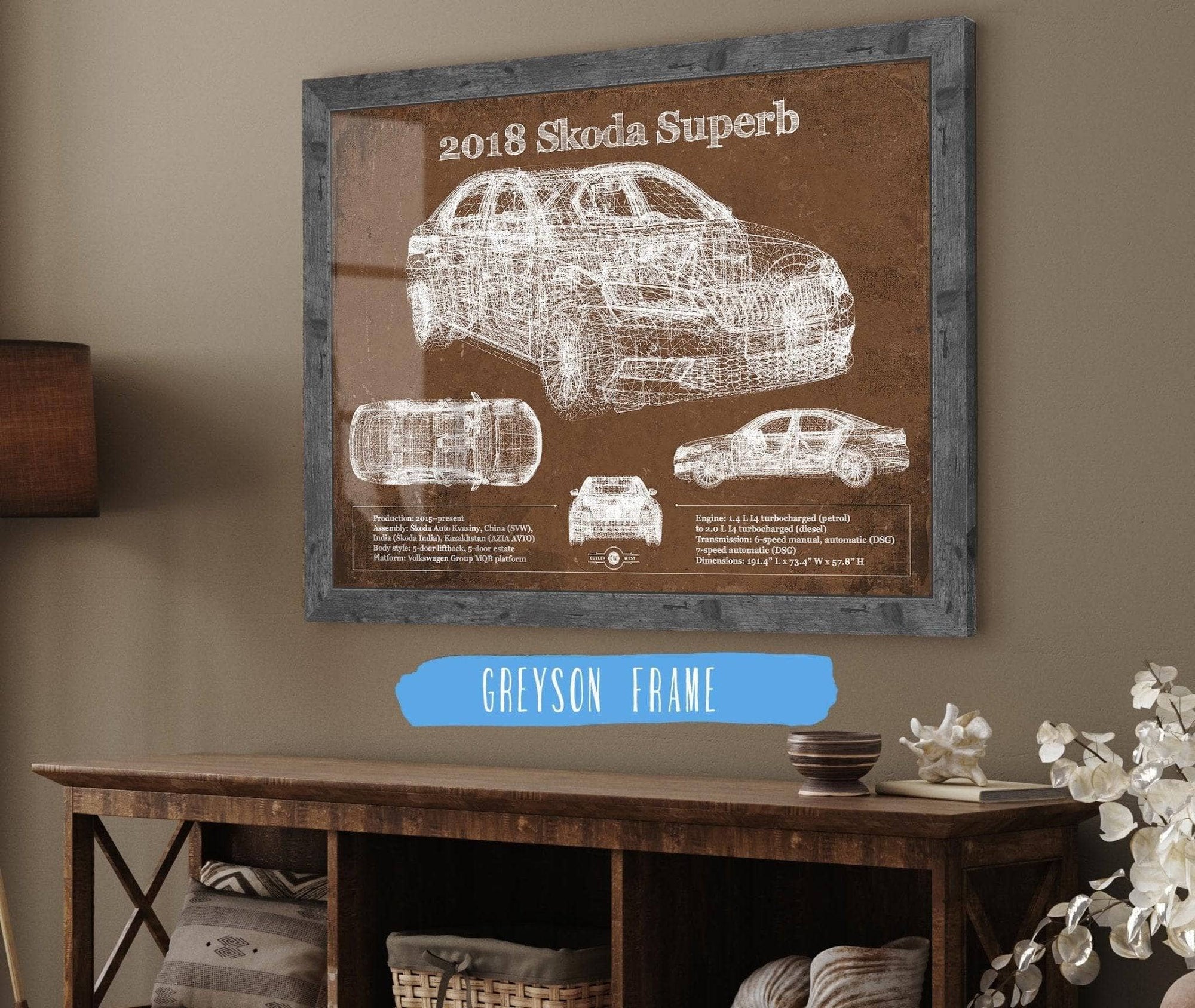 Cutler West Vehicle Collection 2018 Skoda Superb Vintage Blueprint Auto Print