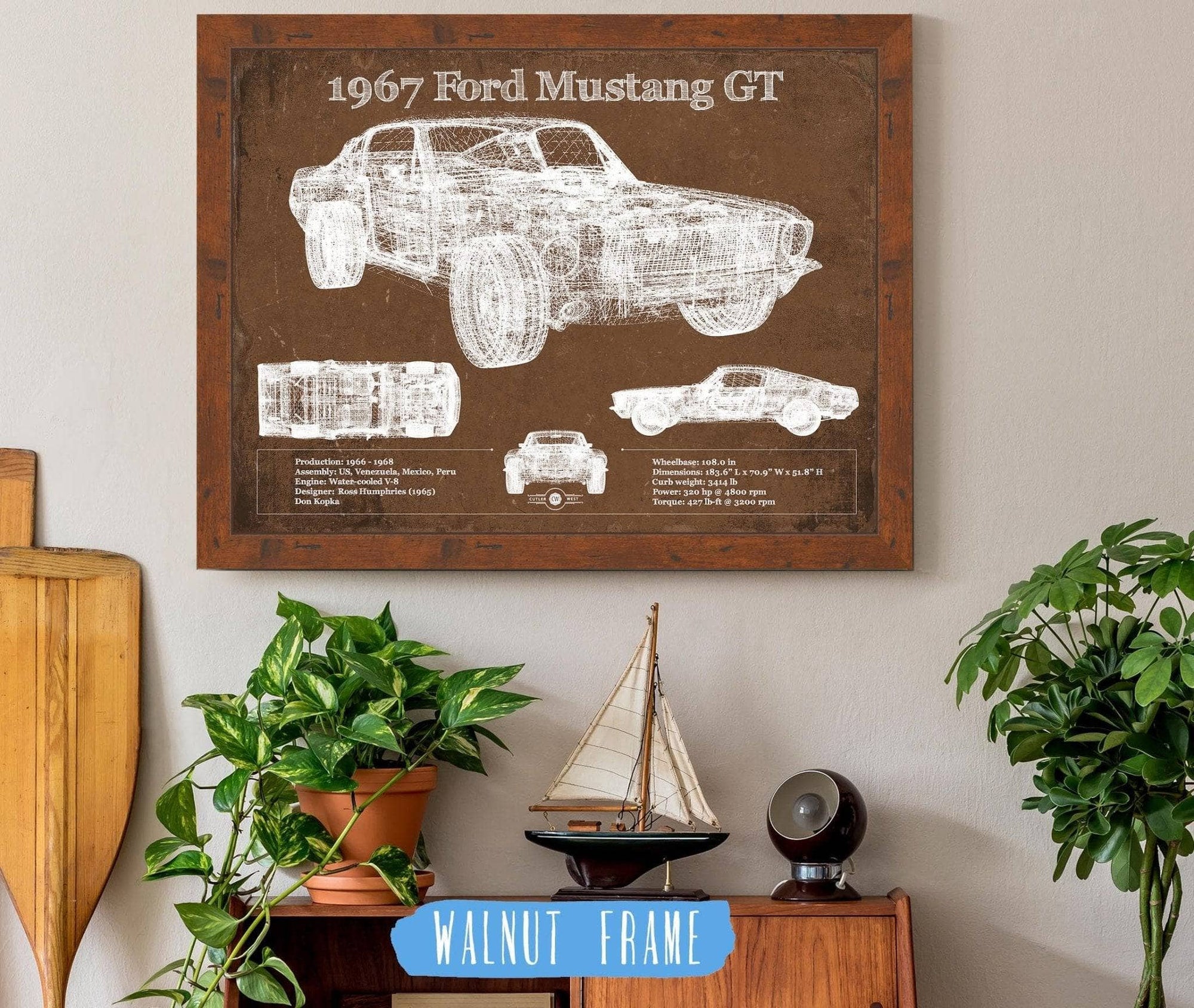 Cutler West Ford Collection 20" x 16" / Walnut Frame 1967 Ford Mustang GT Blueprint Vintage Auto Print 933350035_34100